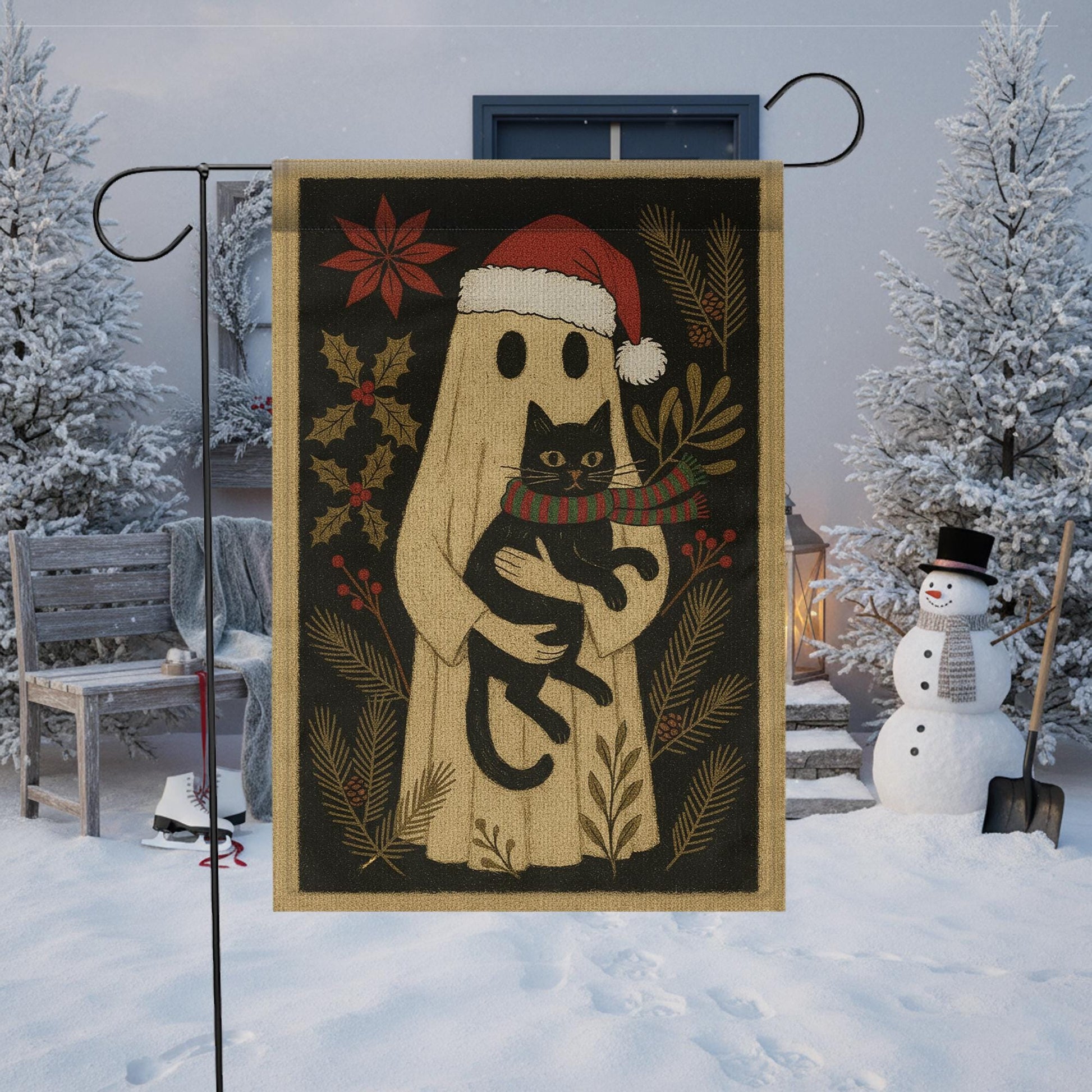 Ghost Christmas Garden Flag — Gothic Black Cat Holiday Outdoor Yard Decor