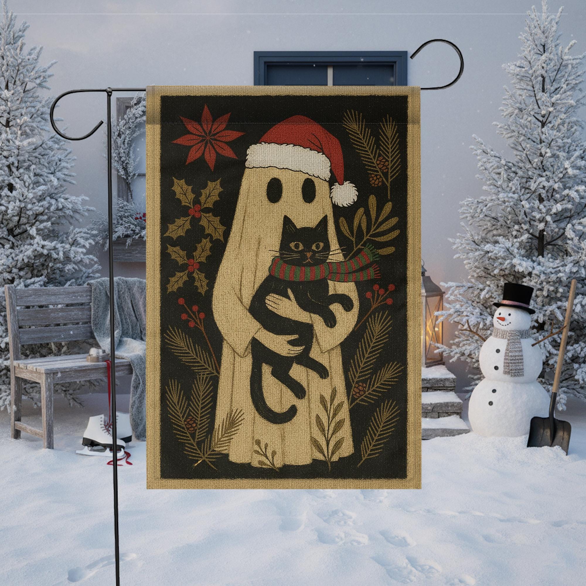 Ghost Christmas Garden Flag — Gothic Black Cat Holiday Outdoor Yard Decor