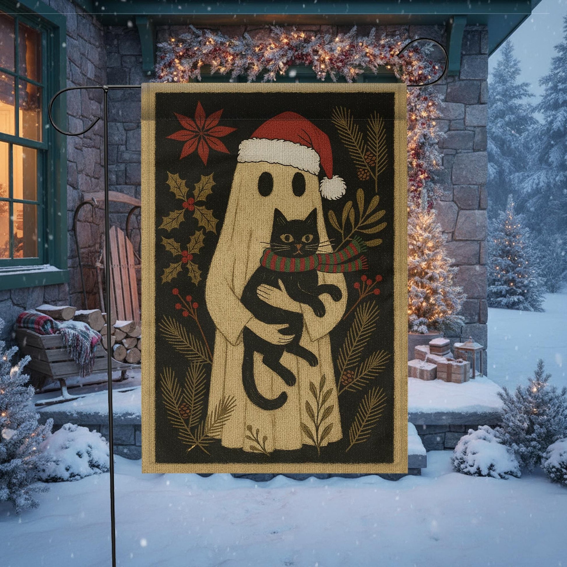 Ghost Christmas Garden Flag — Gothic Black Cat Holiday Outdoor Yard Decor