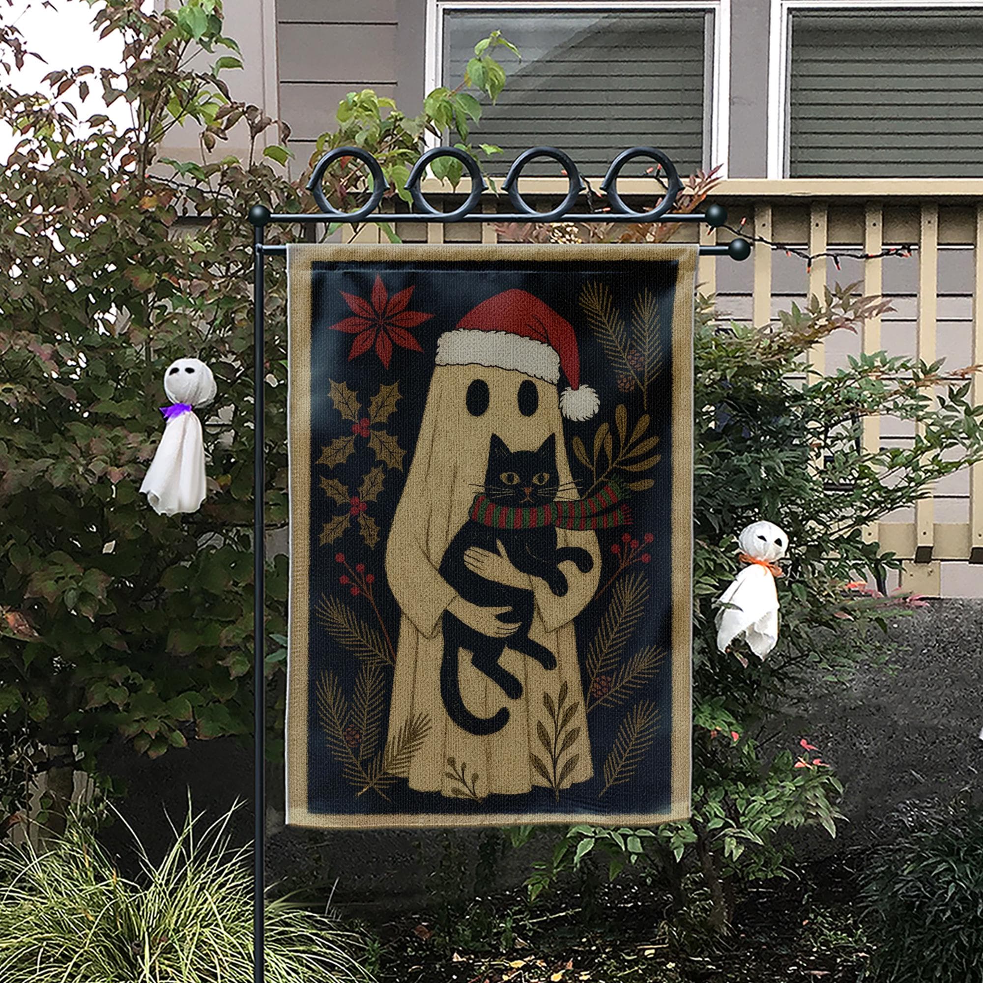 Ghost Christmas Garden Flag — Gothic Black Cat Holiday Outdoor Yard Decor