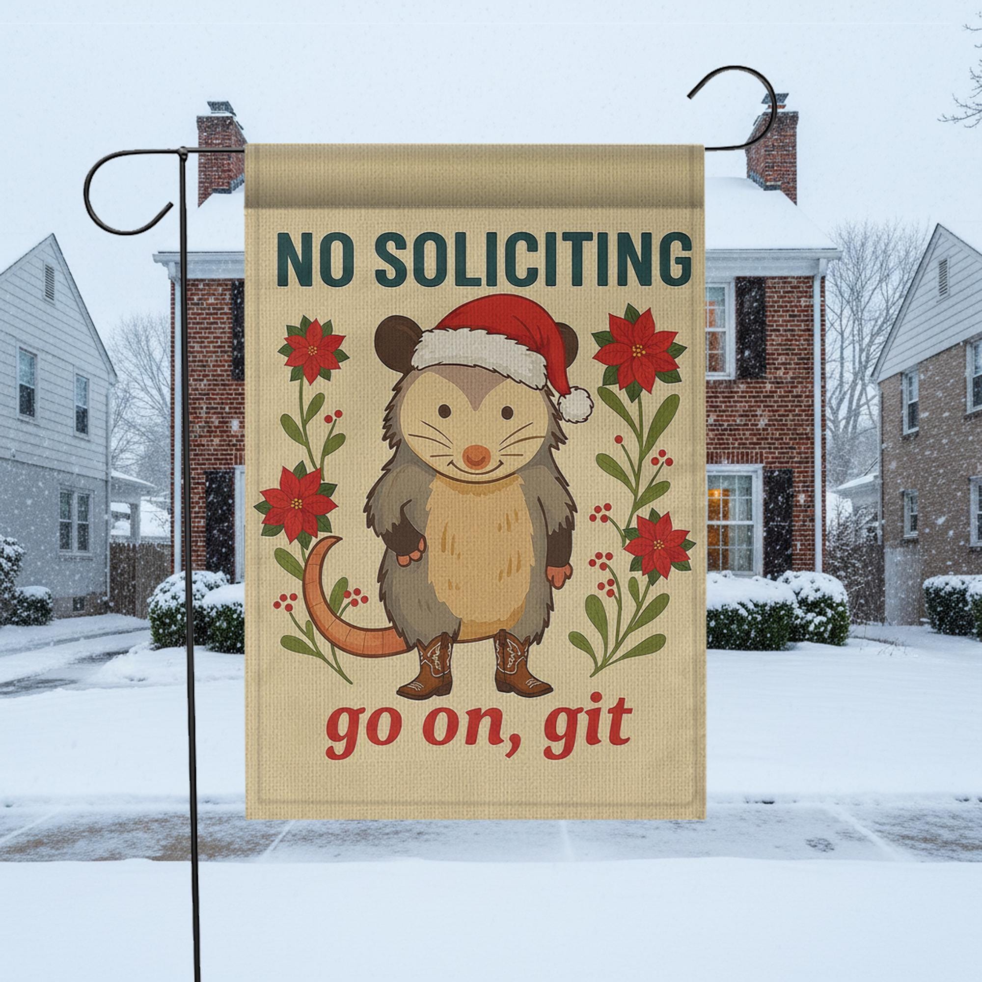 Funny Opossum Christmas Garden Flag — No Soliciting Holiday Outdoor Yard Decor