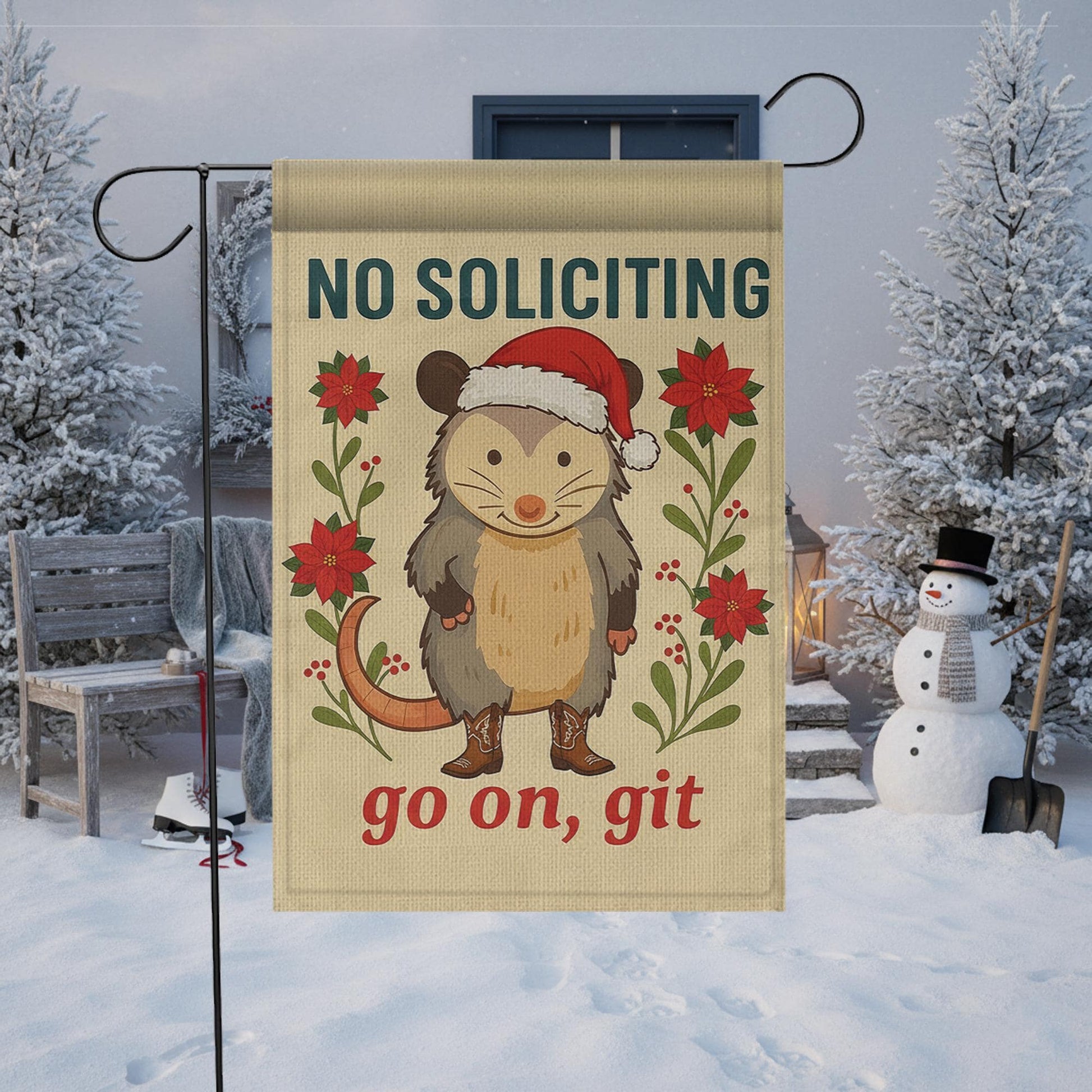 Funny Opossum Christmas Garden Flag — No Soliciting Holiday Outdoor Yard Decor