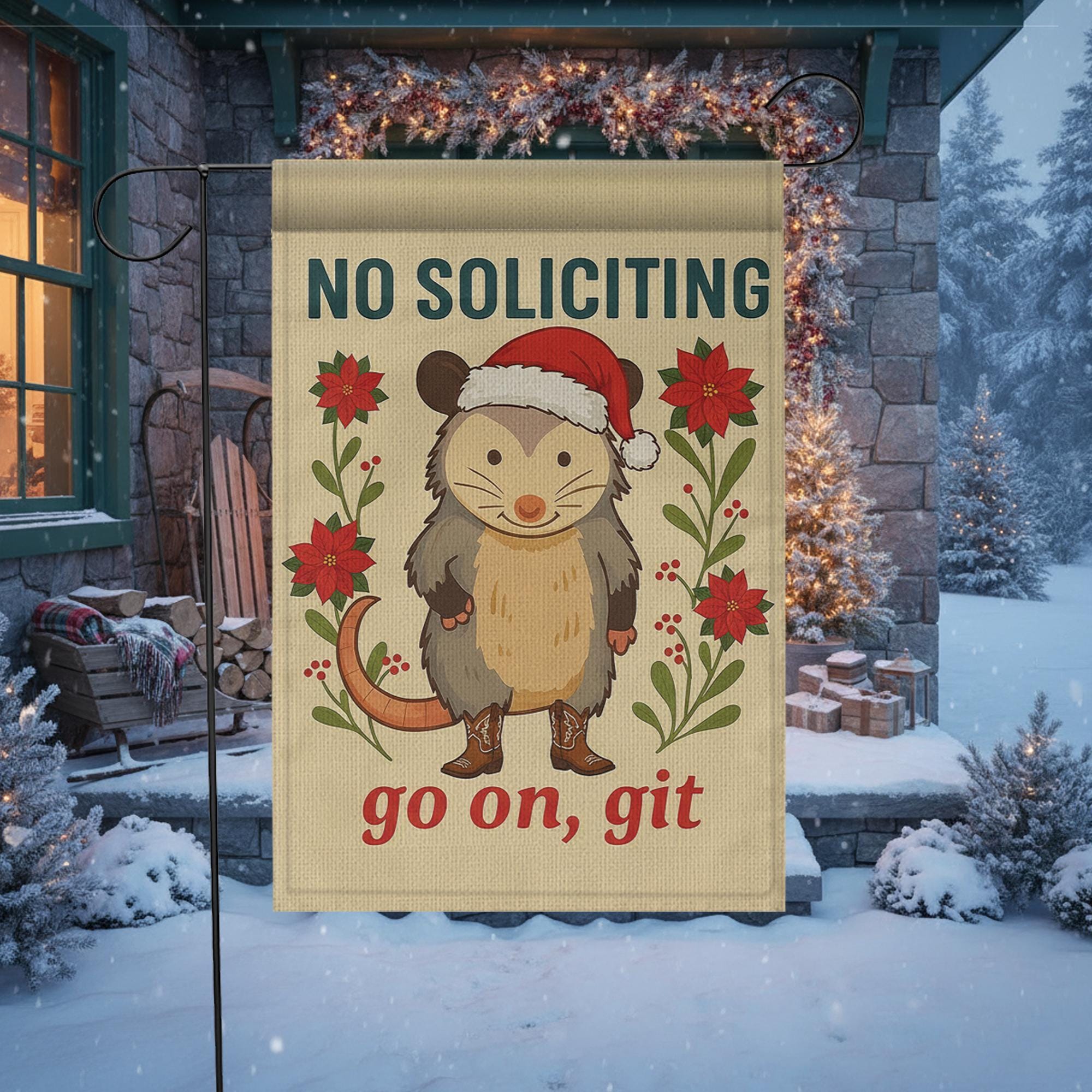 Funny Opossum Christmas Garden Flag — No Soliciting Holiday Outdoor Yard Decor