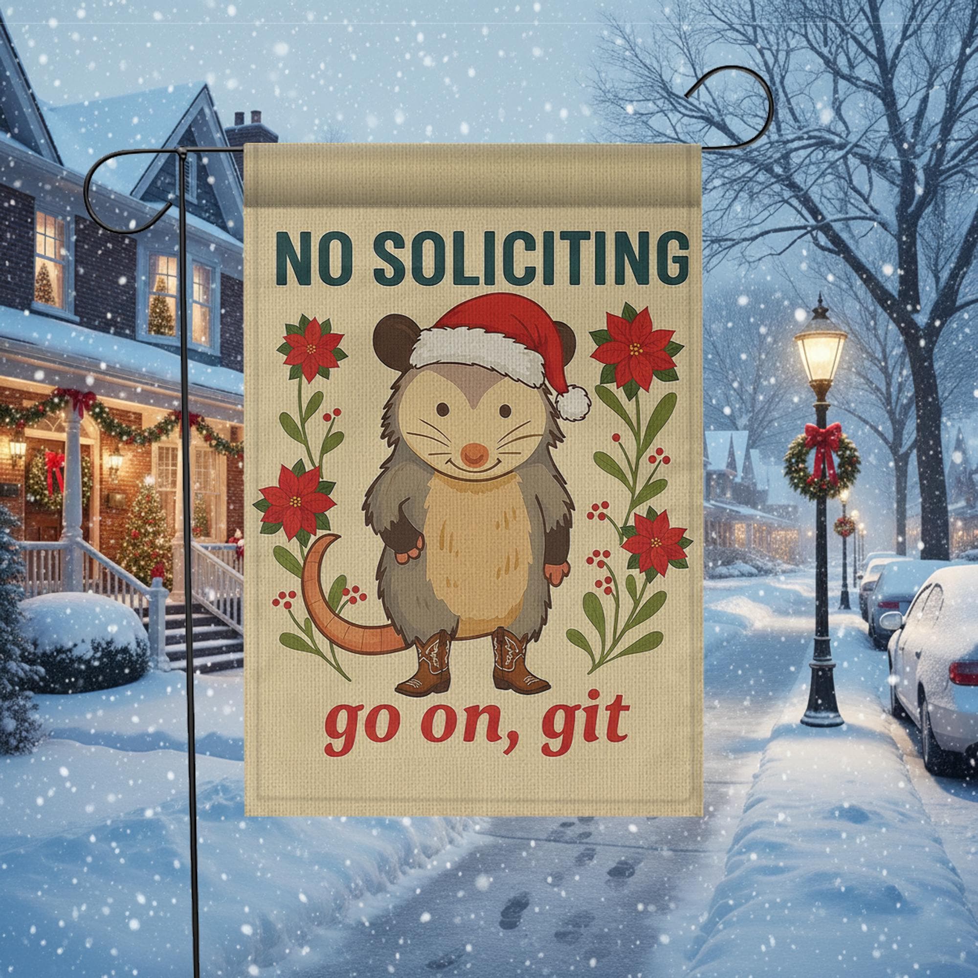 Funny Opossum Christmas Garden Flag — No Soliciting Holiday Outdoor Yard Decor
