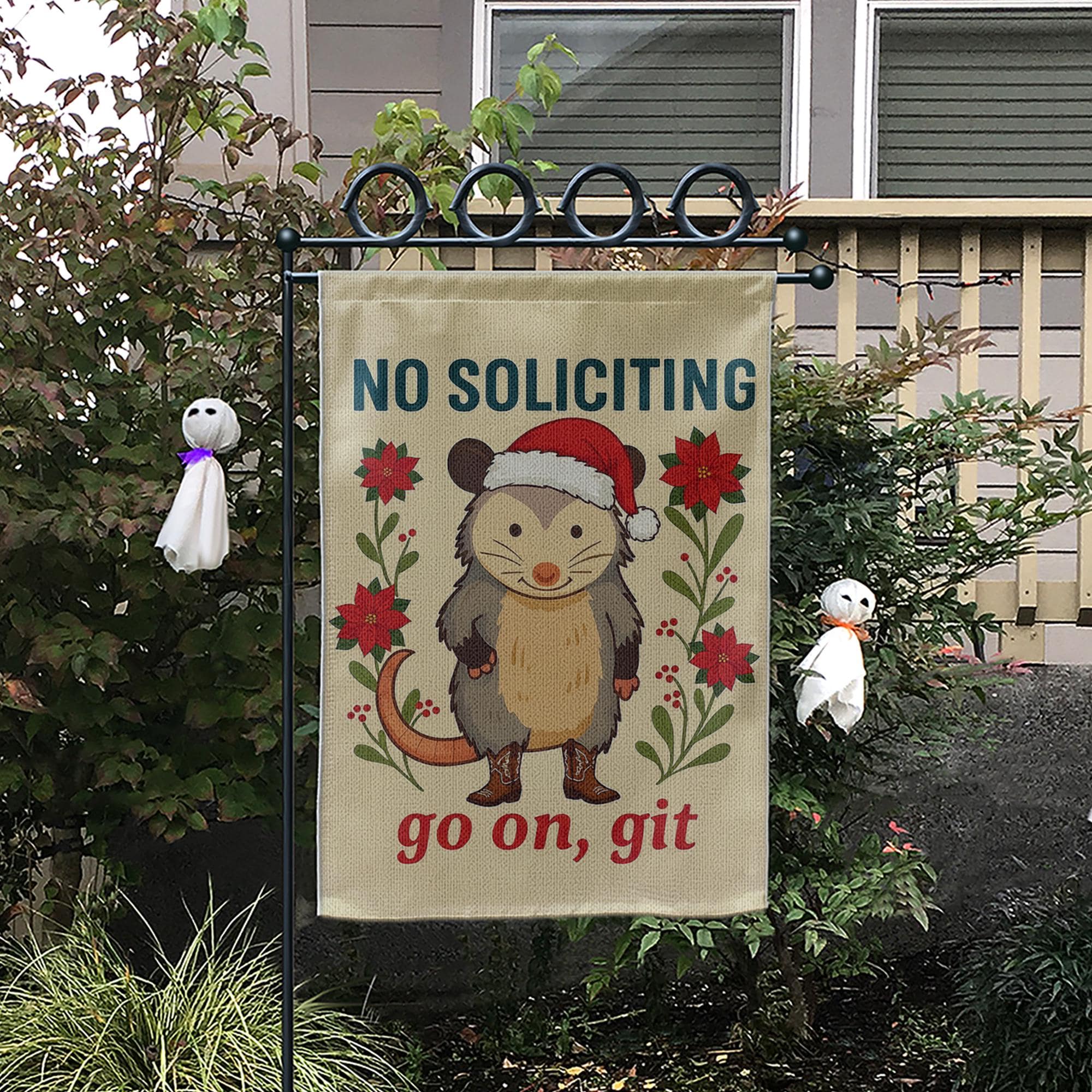 Funny Opossum Christmas Garden Flag — No Soliciting Holiday Outdoor Yard Decor
