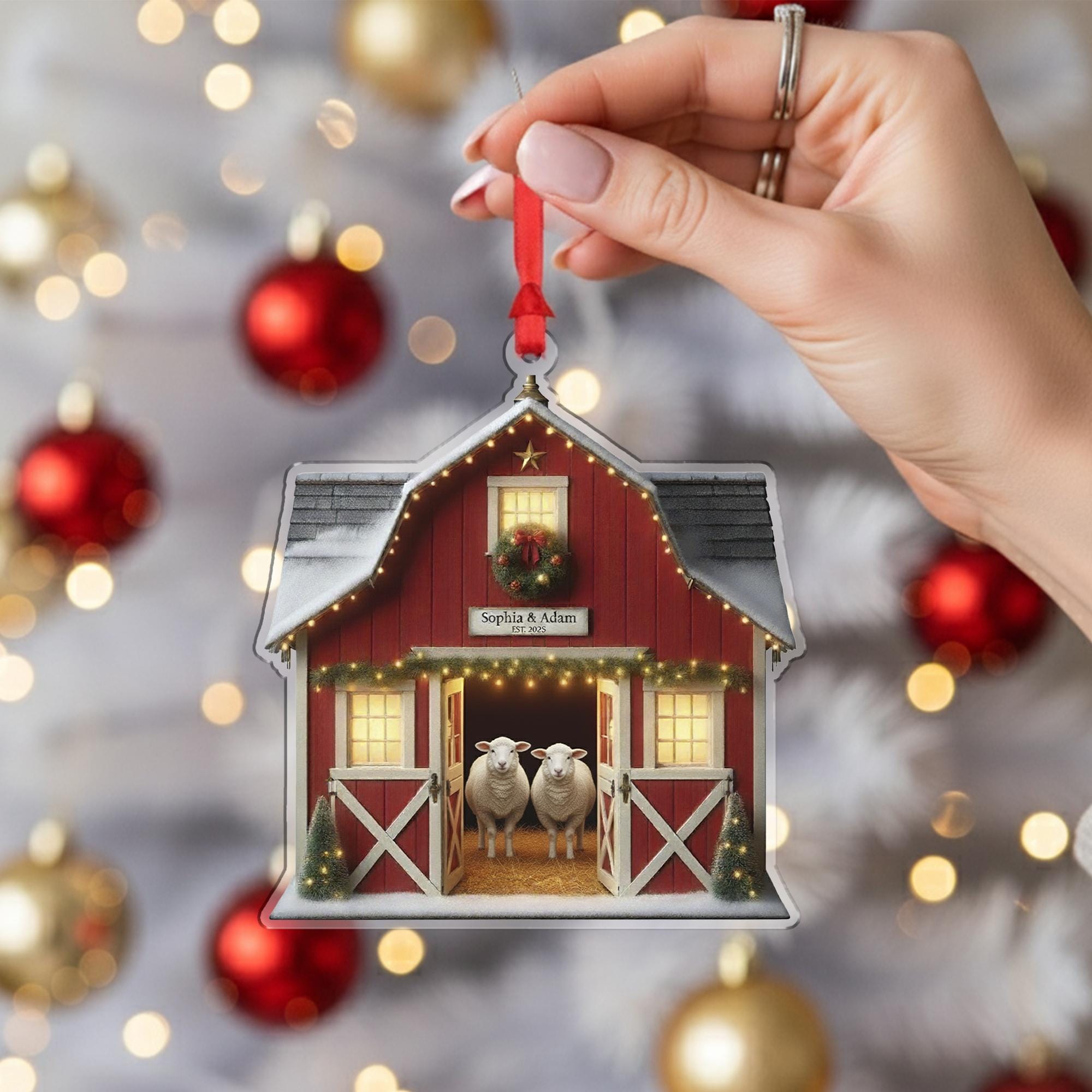 Sheep Couple Barn Ornament — Personalized Farm Animal Christmas Tree Decoration 2025