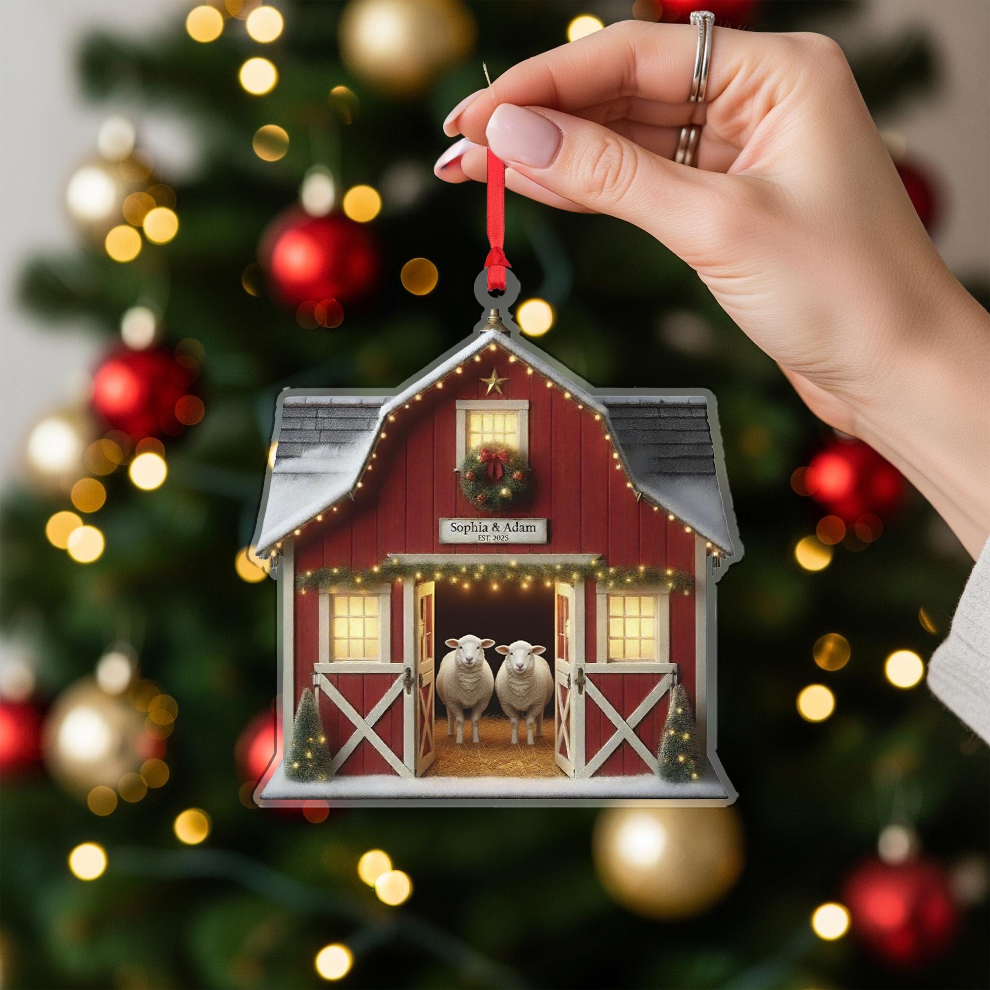 Sheep Couple Barn Ornament — Personalized Farm Animal Christmas Tree Decoration 2025