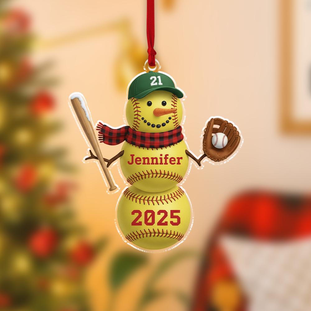 Personalized Baseball Snowman Ornament ‒ Name & Year Acrylic Holiday Decoration