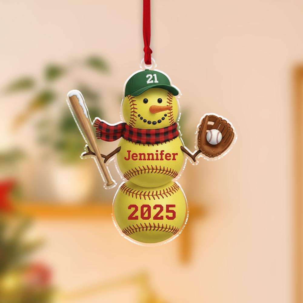 Personalized Baseball Snowman Ornament ‒ Name & Year Acrylic Holiday Decoration