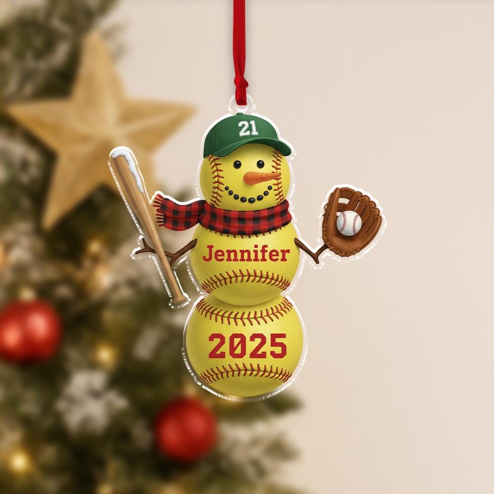 Personalized Baseball Snowman Ornament ‒ Name & Year Acrylic Holiday Decoration