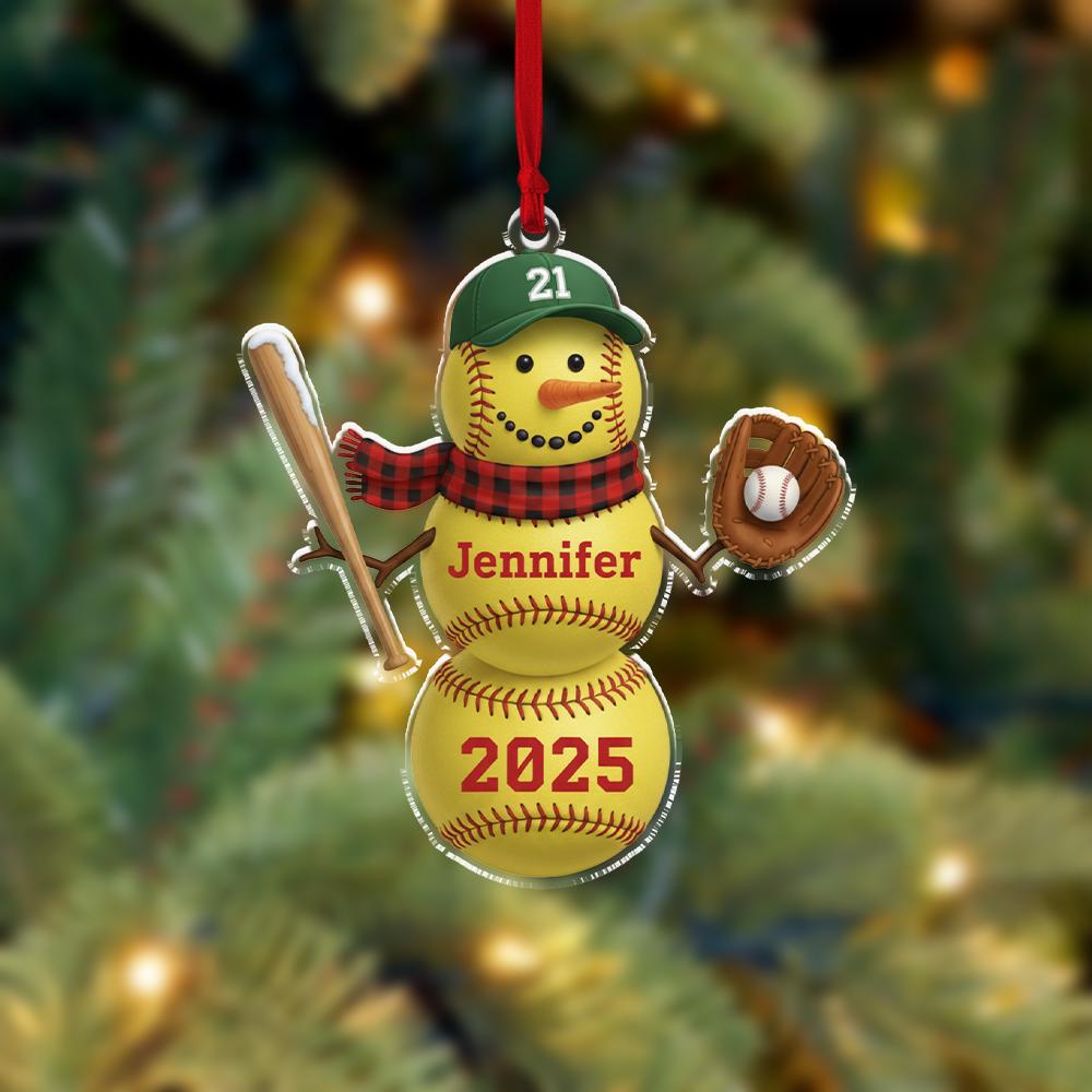 Personalized Baseball Snowman Ornament ‒ Name & Year Acrylic Holiday Decoration