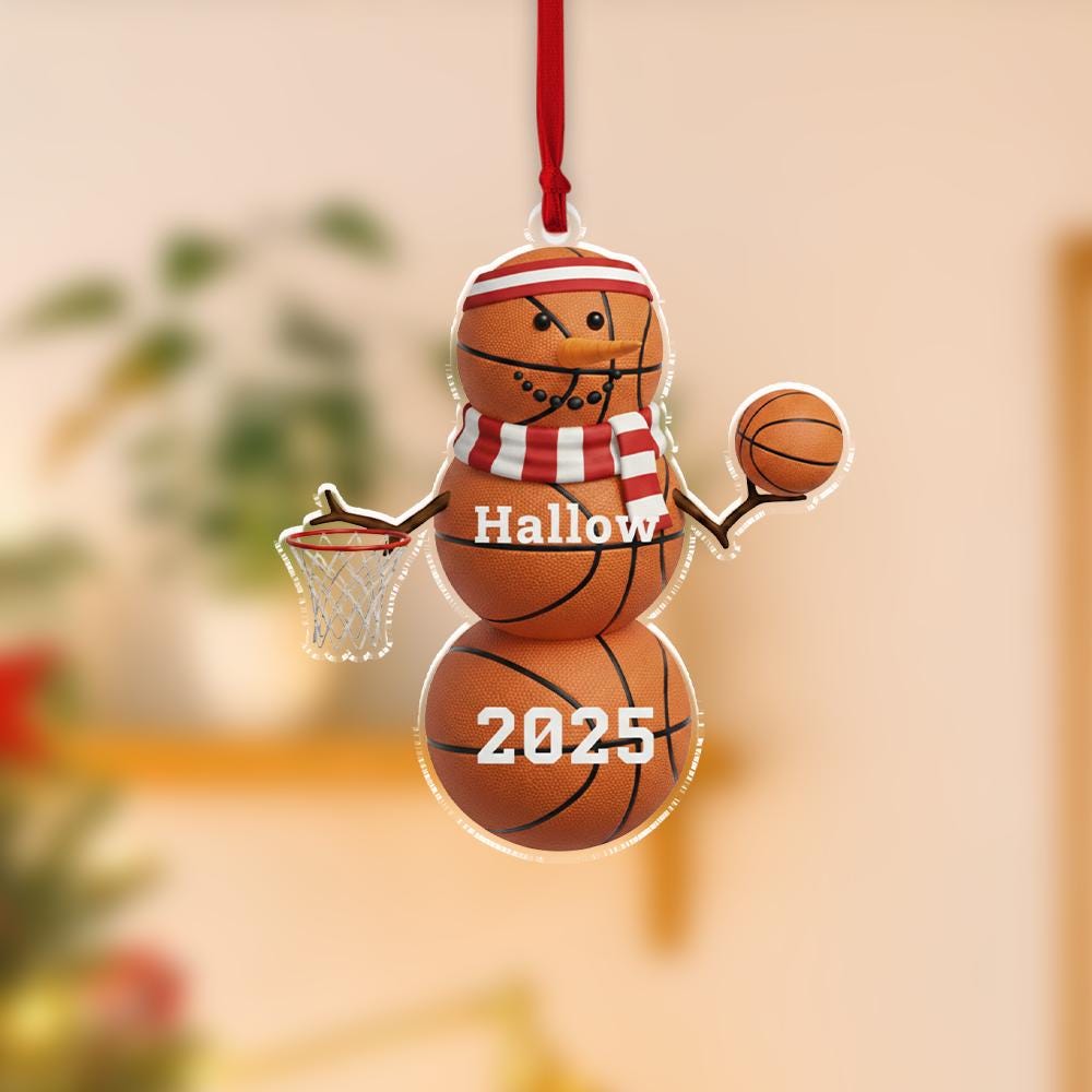 Personalized Acrylic Basketball Snowman Ornament – Custom Name & Year – Sports Tree Hanging Decoration