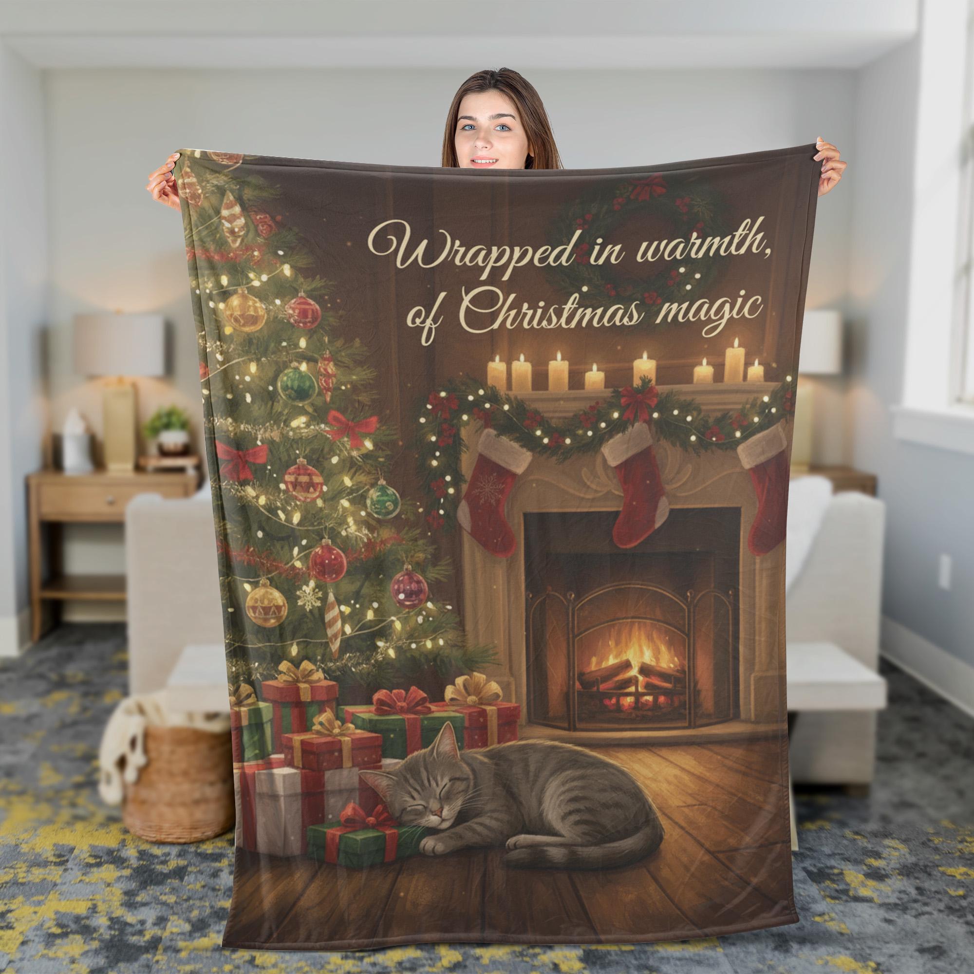 Fleece Holiday Throw Blanket: Cat, Christmas Tree & Fireplace