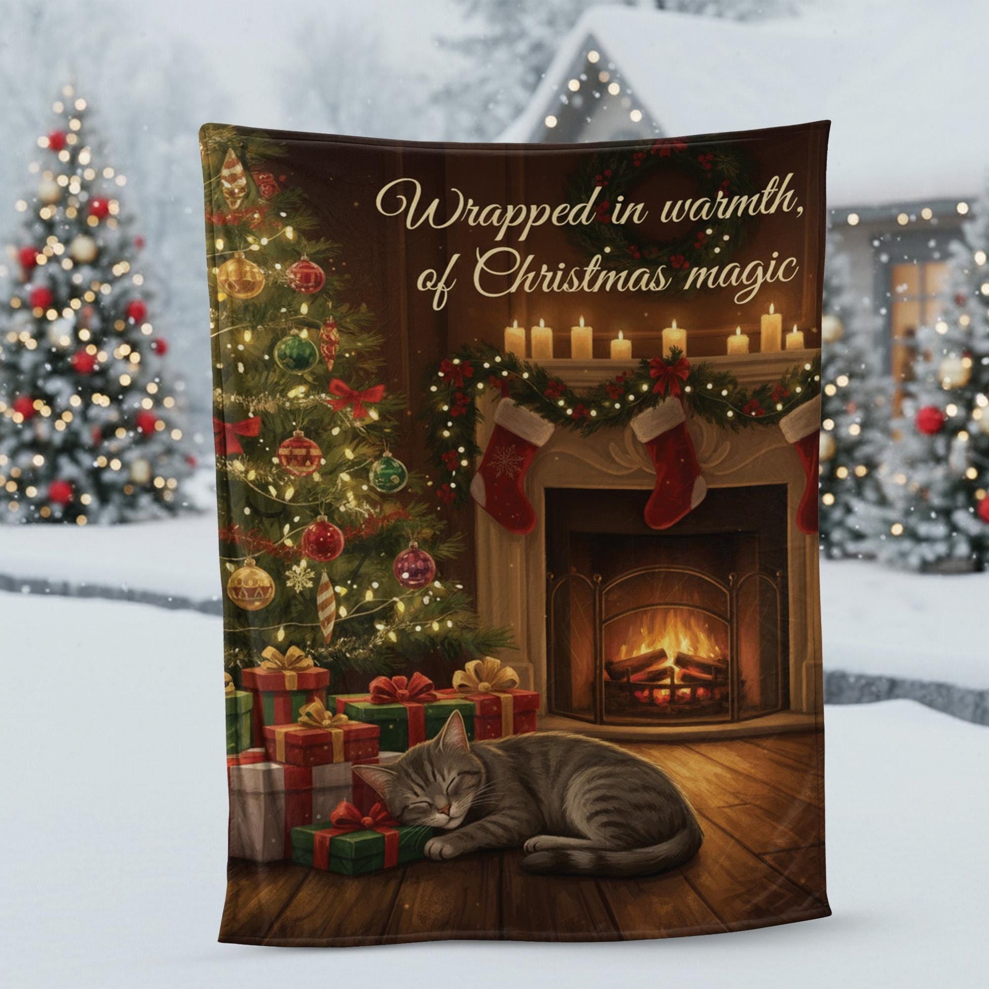 Fleece Holiday Throw Blanket: Cat, Christmas Tree & Fireplace