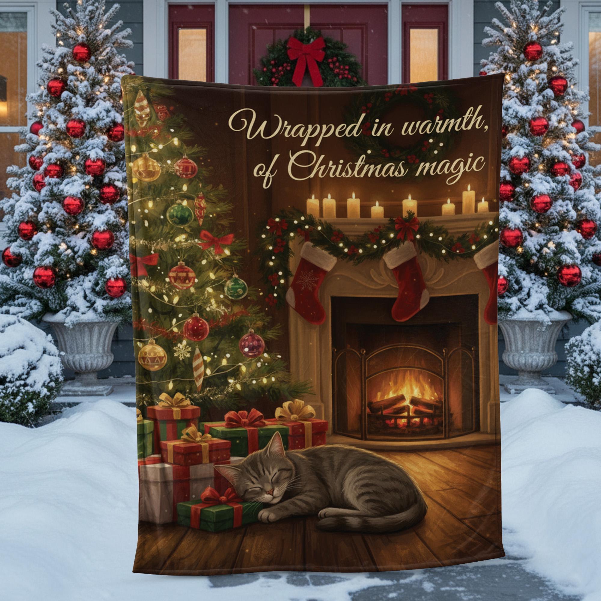 Fleece Holiday Throw Blanket: Cat, Christmas Tree & Fireplace