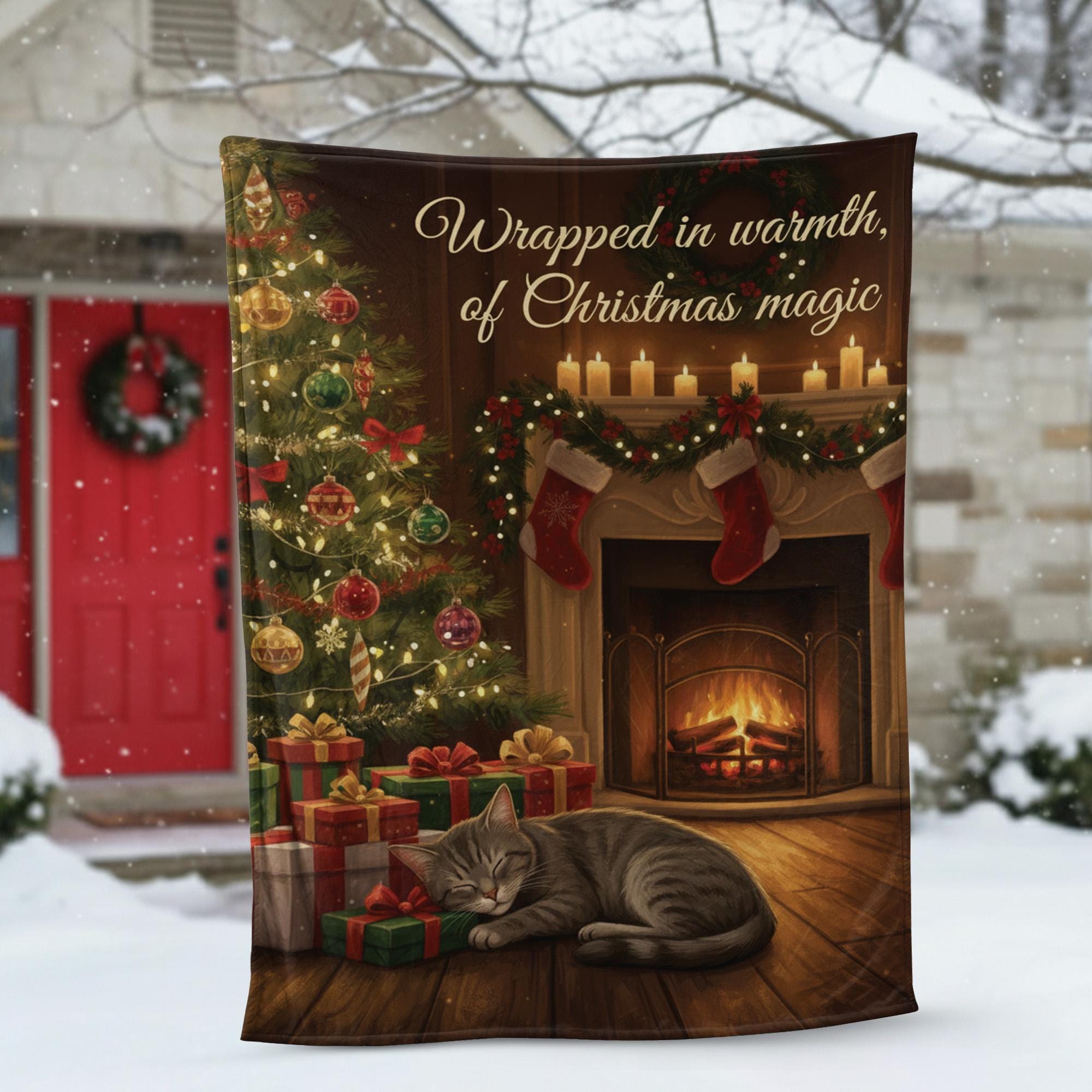 Fleece Holiday Throw Blanket: Cat, Christmas Tree & Fireplace