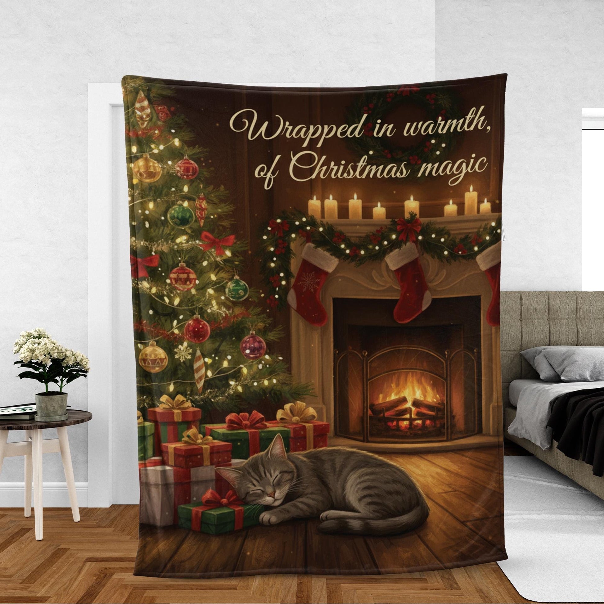 Fleece Holiday Throw Blanket: Cat, Christmas Tree & Fireplace