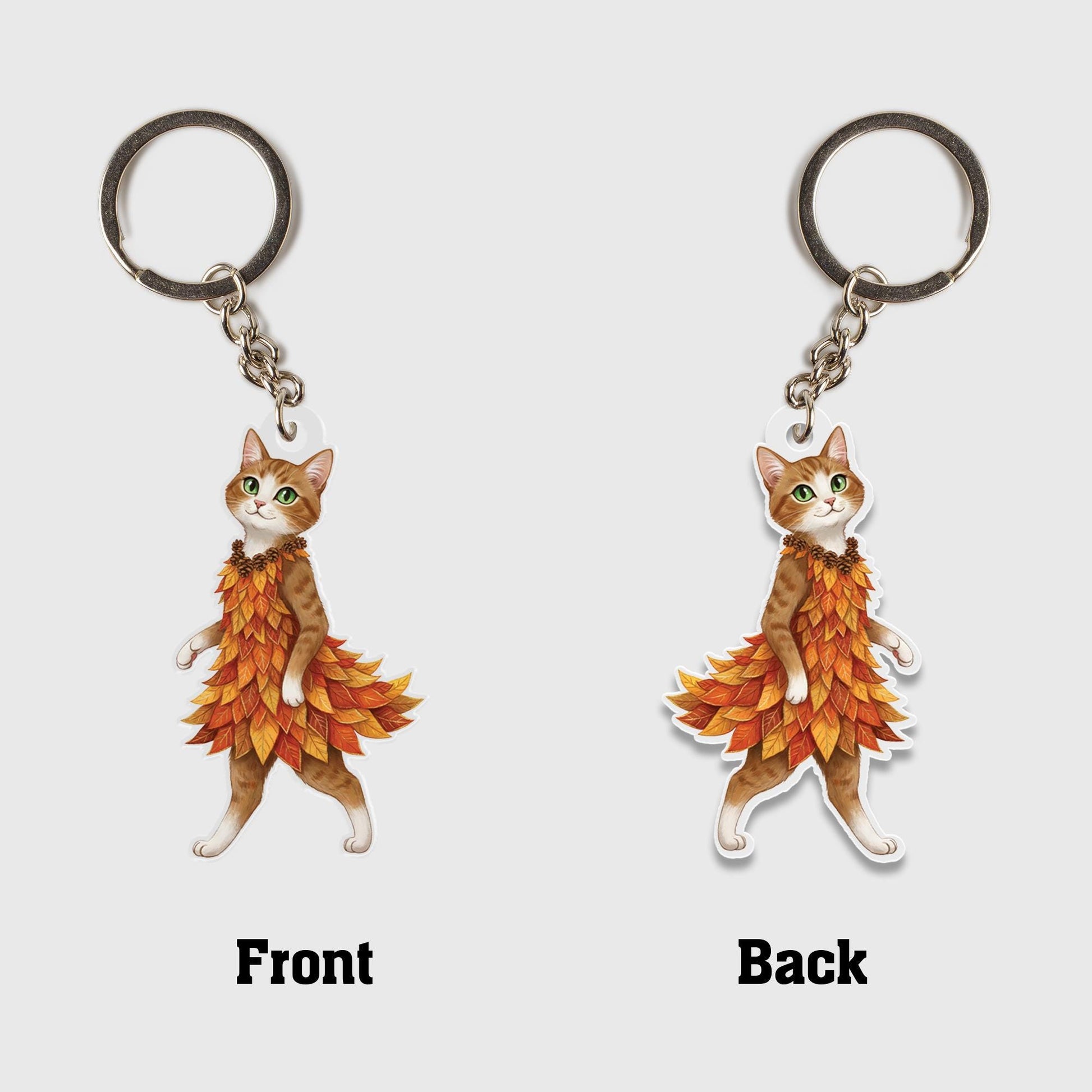 Cat in Autumn Leaf Dress Acrylic Keychain - Fall Accessory
