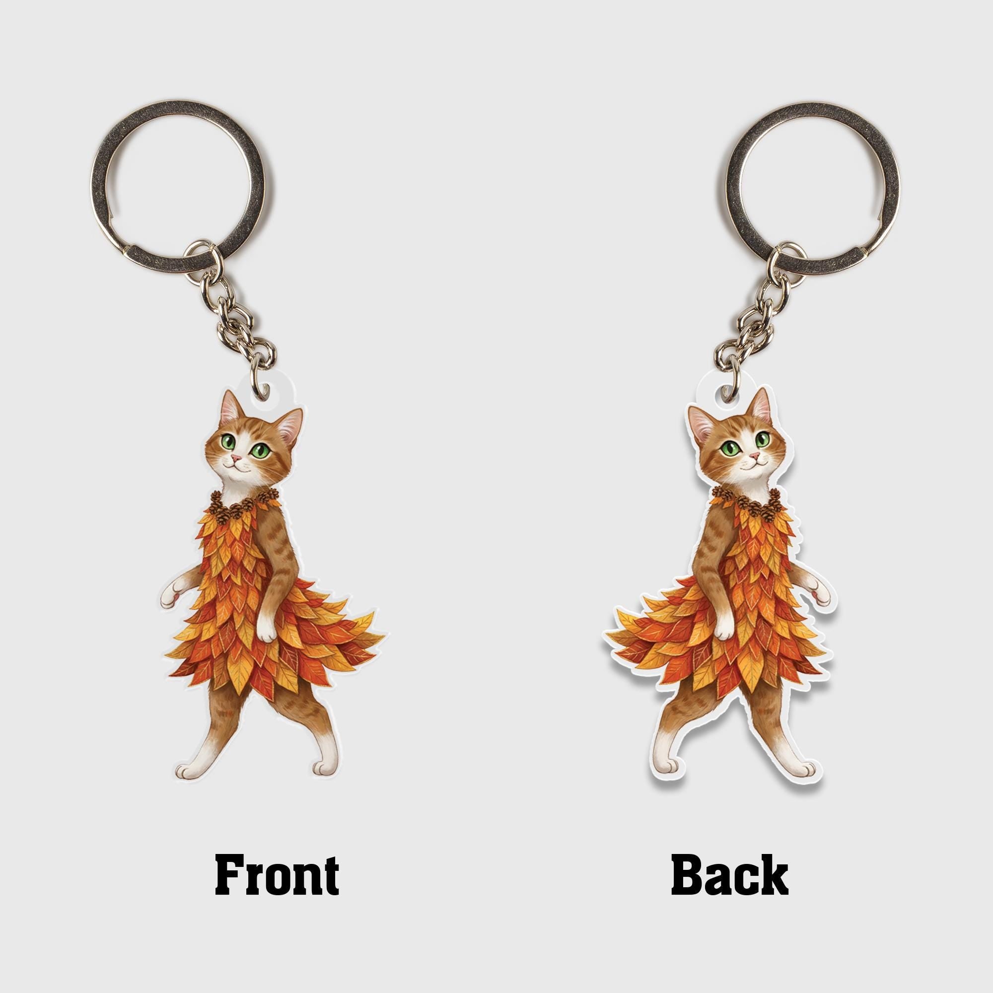 Cat in Autumn Leaf Dress Acrylic Keychain - Fall Accessory