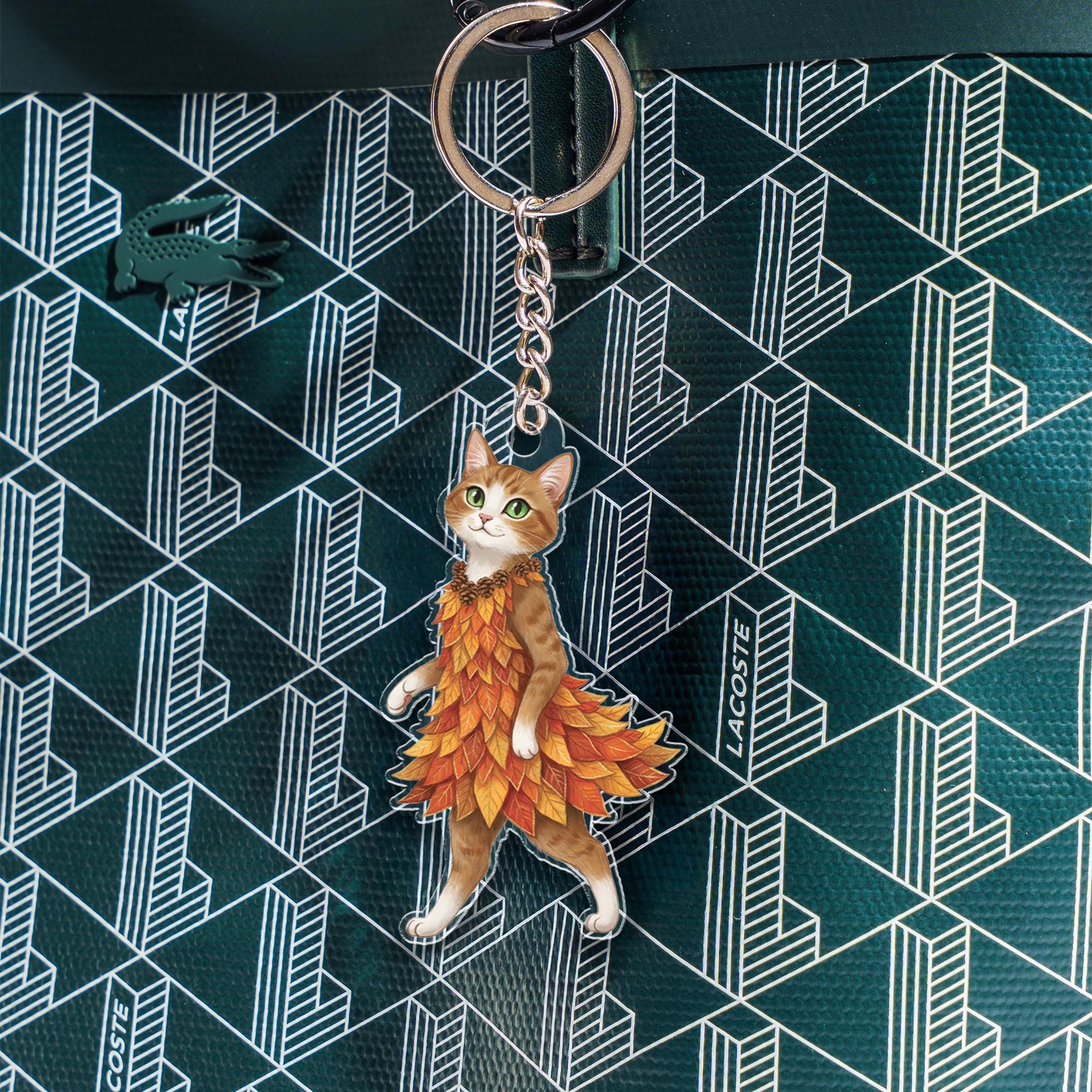 Cat in Autumn Leaf Dress Acrylic Keychain - Fall Accessory