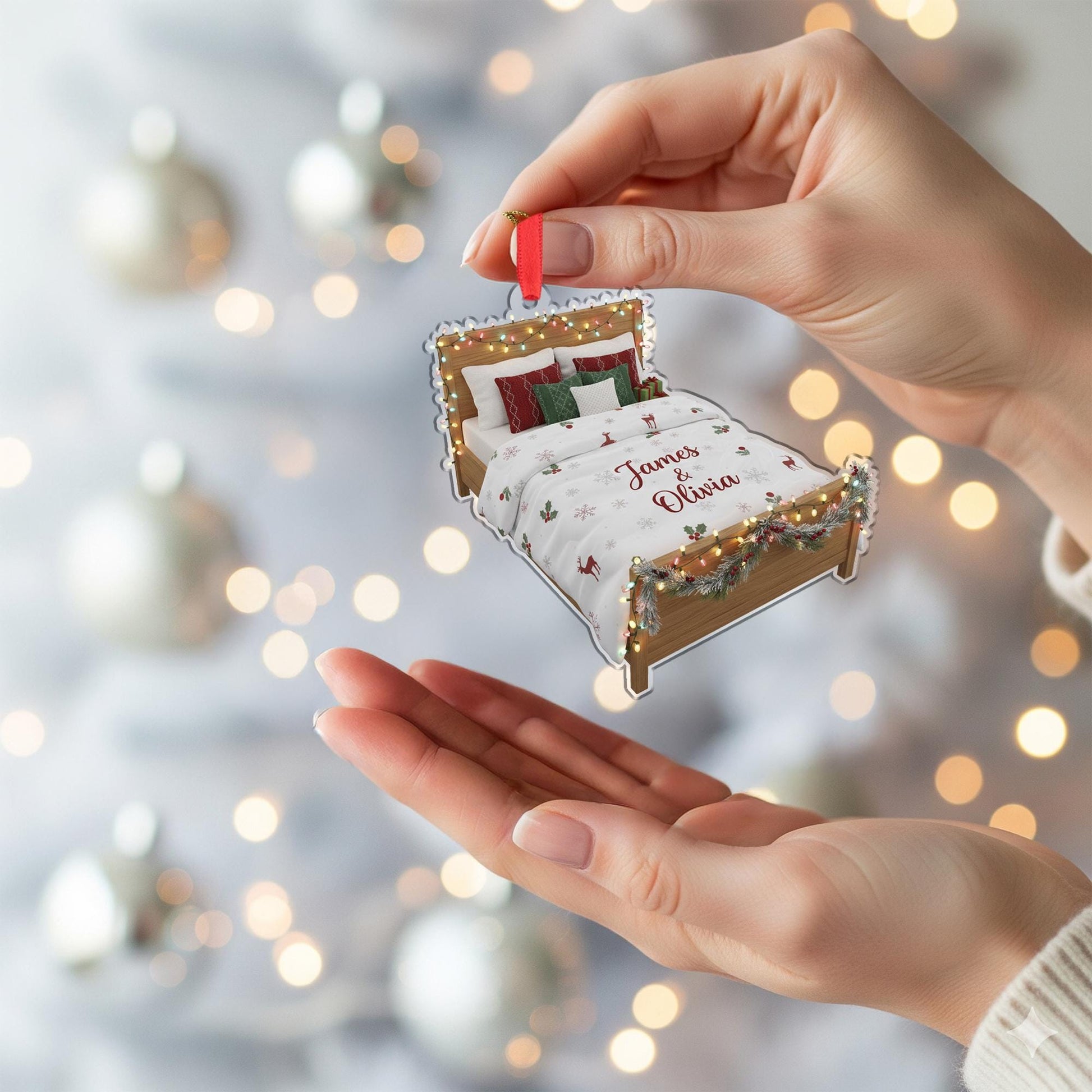 Personalized Bed Ornament with Names, Christmas Tree Decoration with Lights and Holiday Bedding