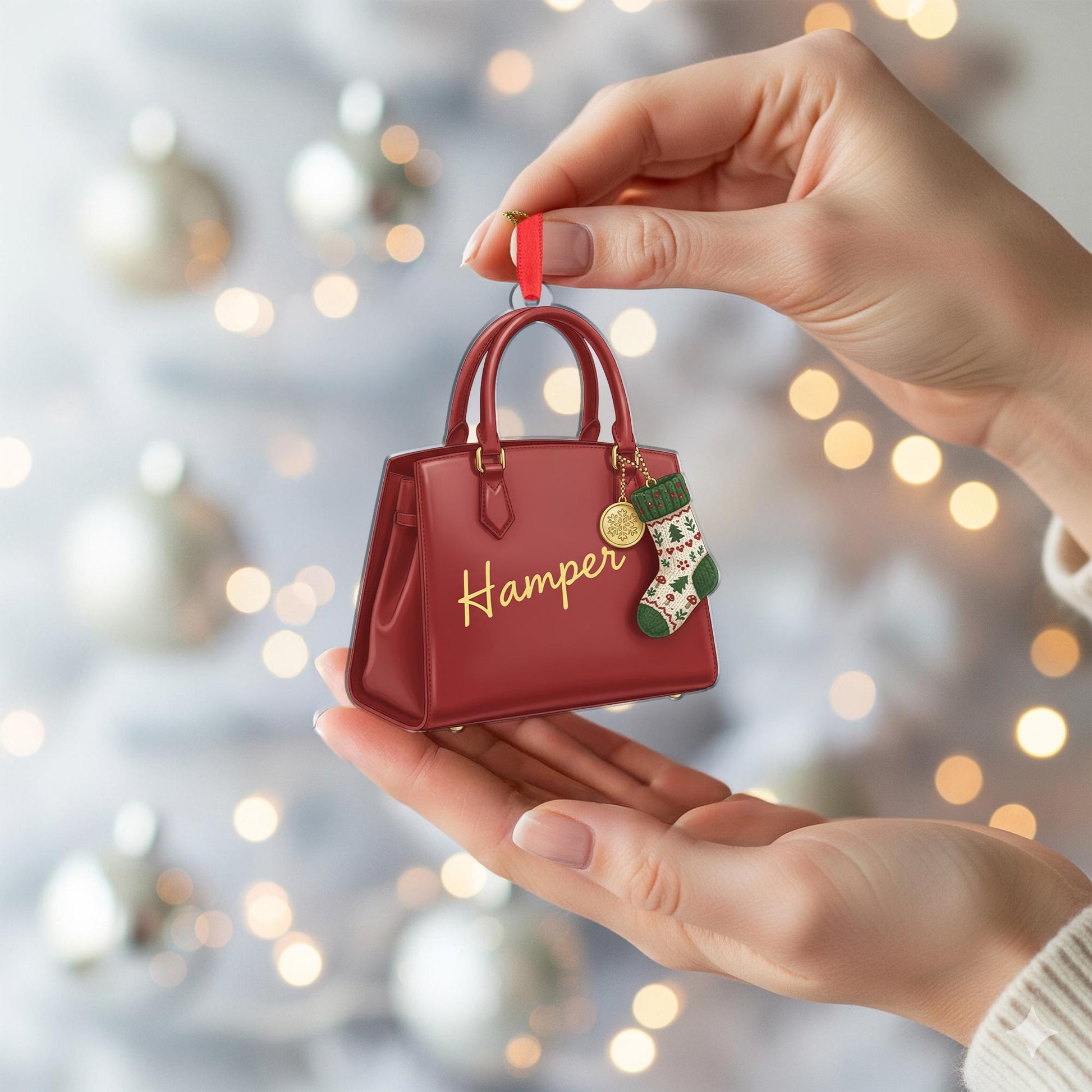 Personalized Handbag Ornament, Custom Name Christmas Tree Decoration with Red Purse and Stocking