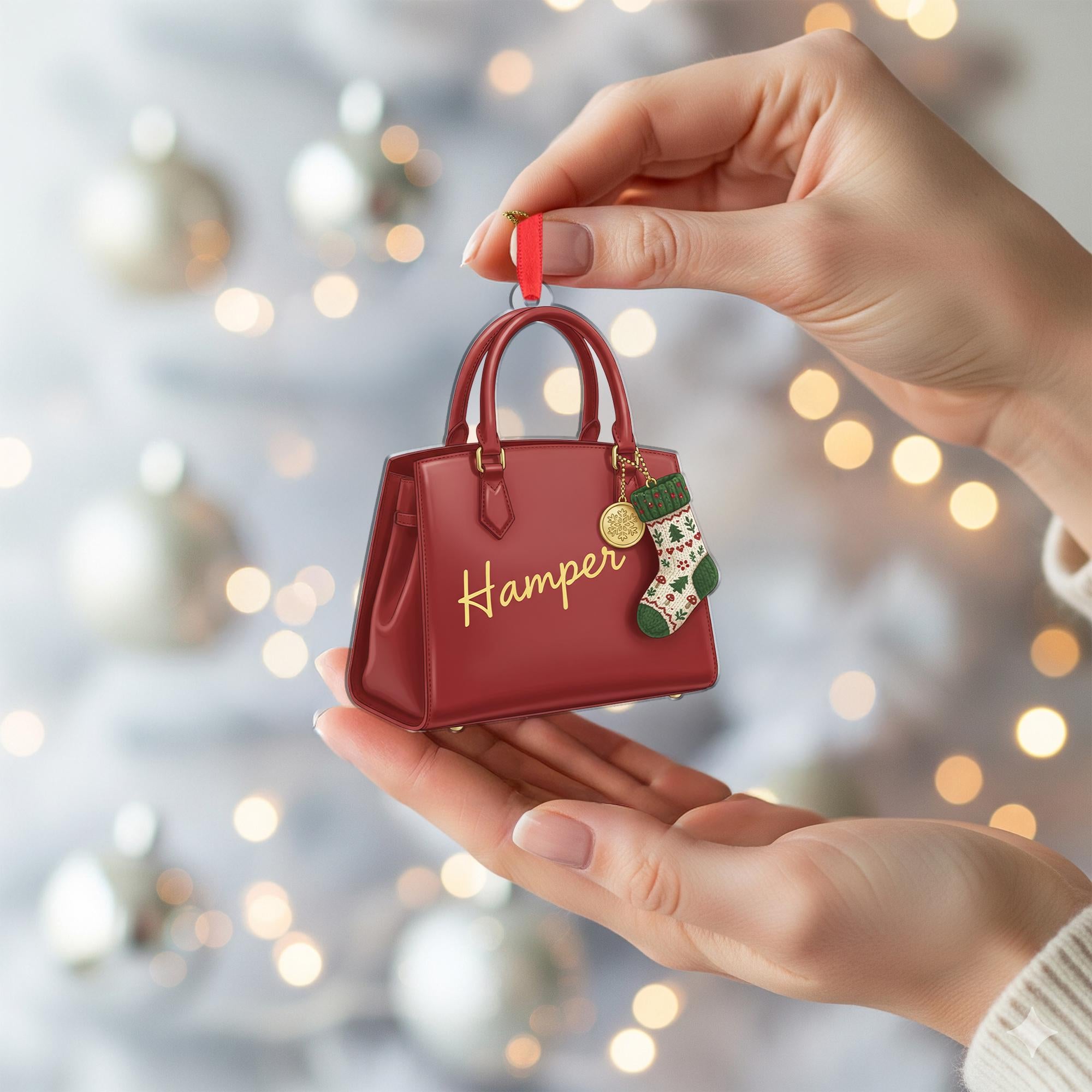 Personalized Handbag Ornament, Custom Name Christmas Tree Decoration with Red Purse and Stocking