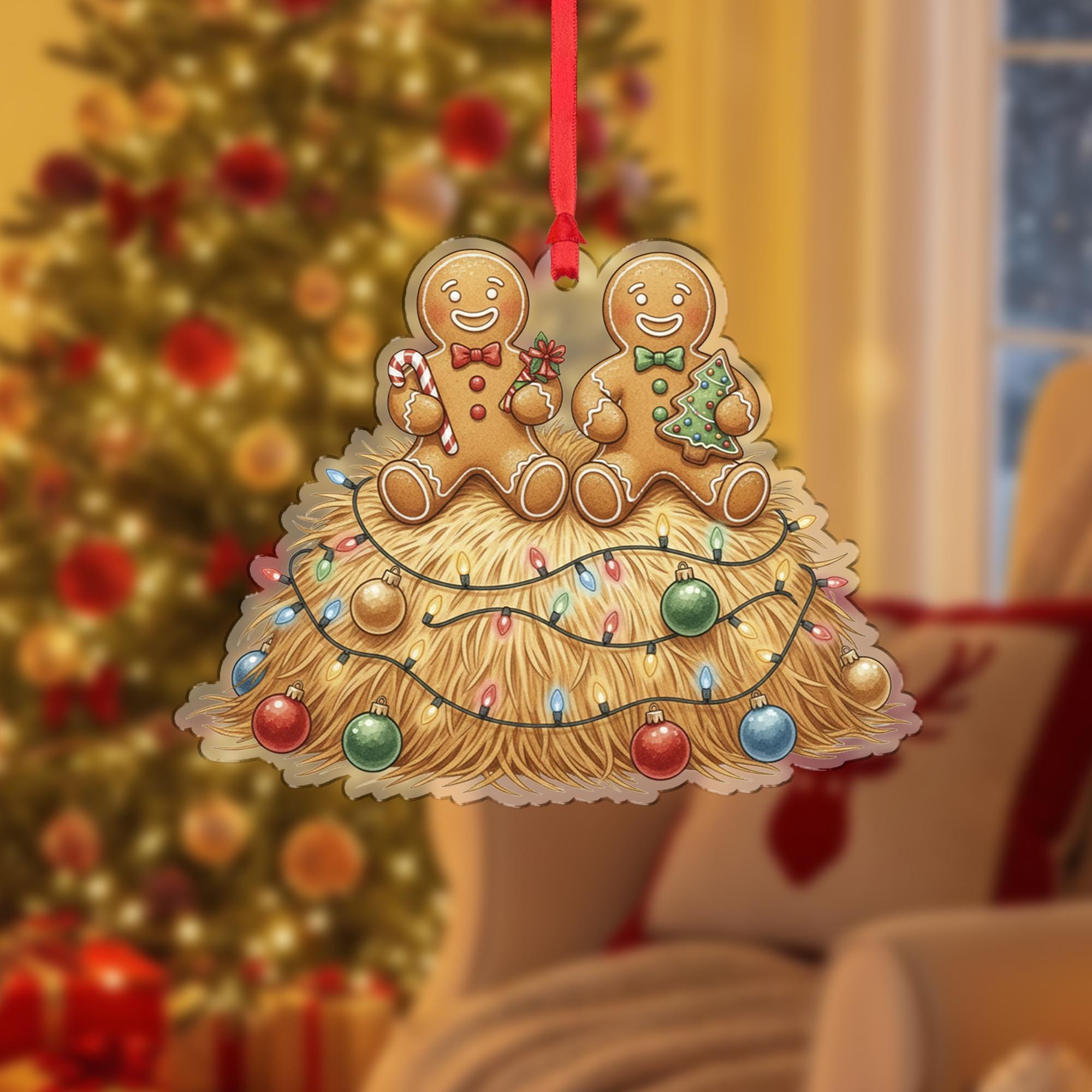 Gingerbread Couple Ornament, Christmas Tree Decoration with Hay Bale and Holiday Lights