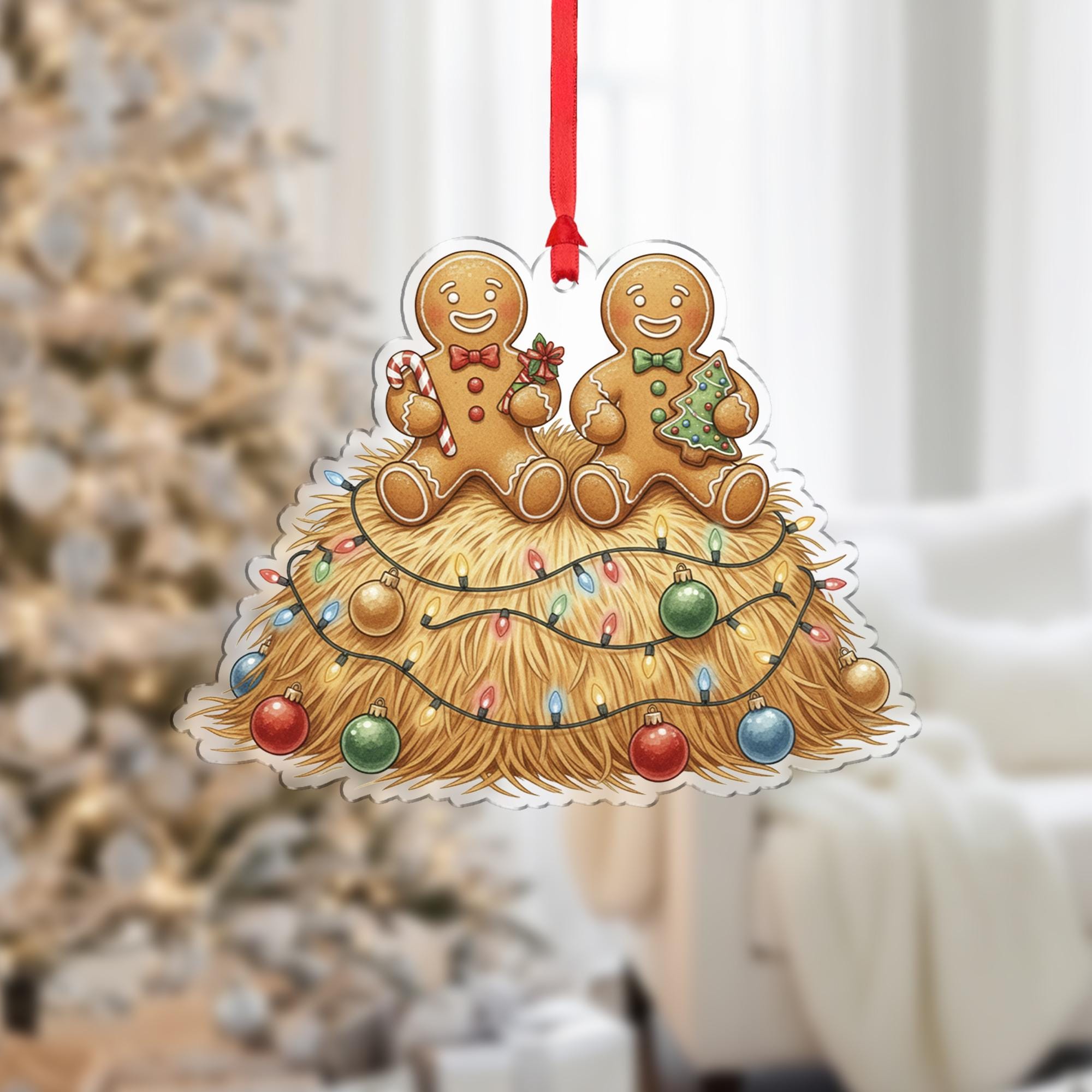 Gingerbread Couple Ornament, Christmas Tree Decoration with Hay Bale and Holiday Lights