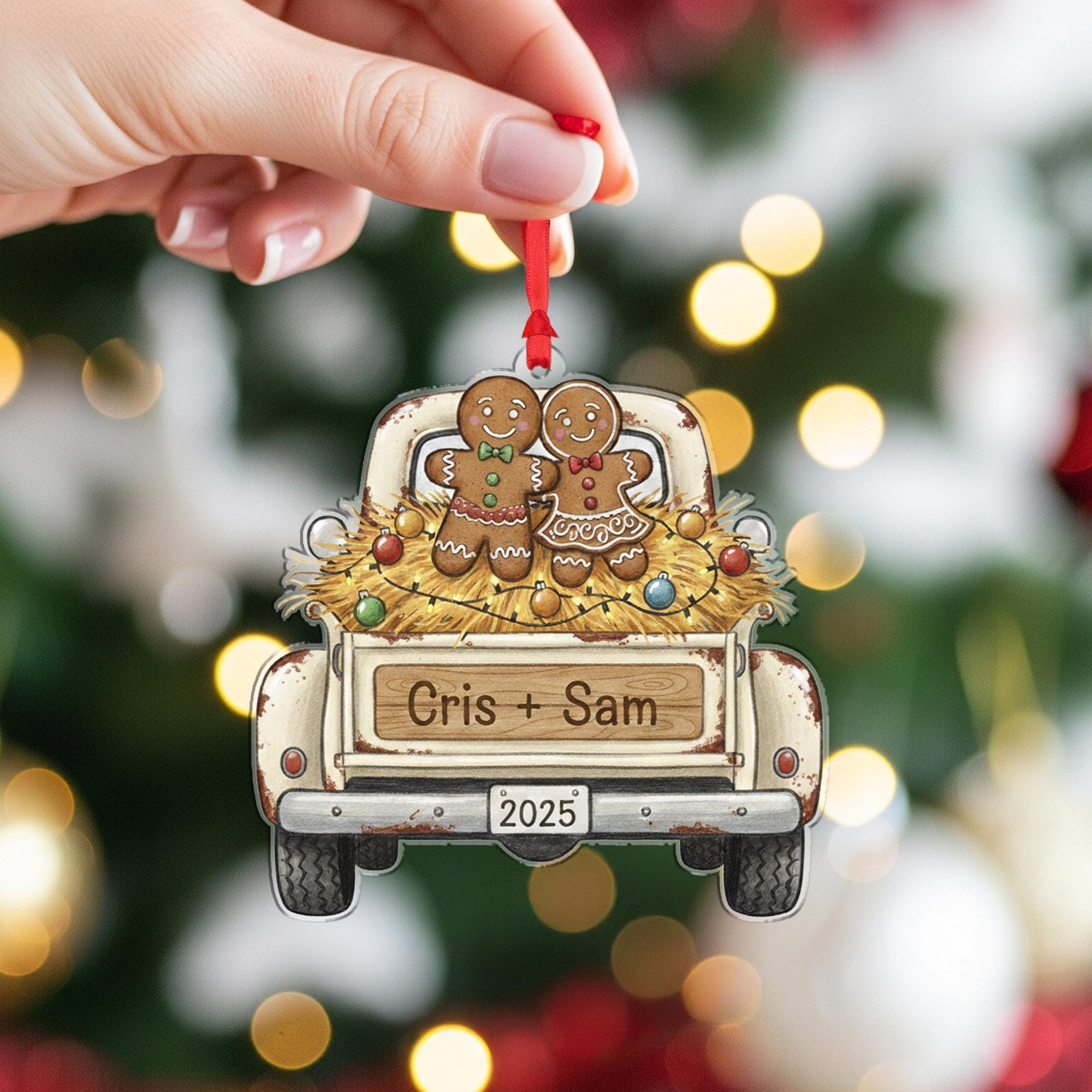 Personalized Gingerbread Truck Ornament, Custom Name Christmas Tree Decoration with Couple and Year