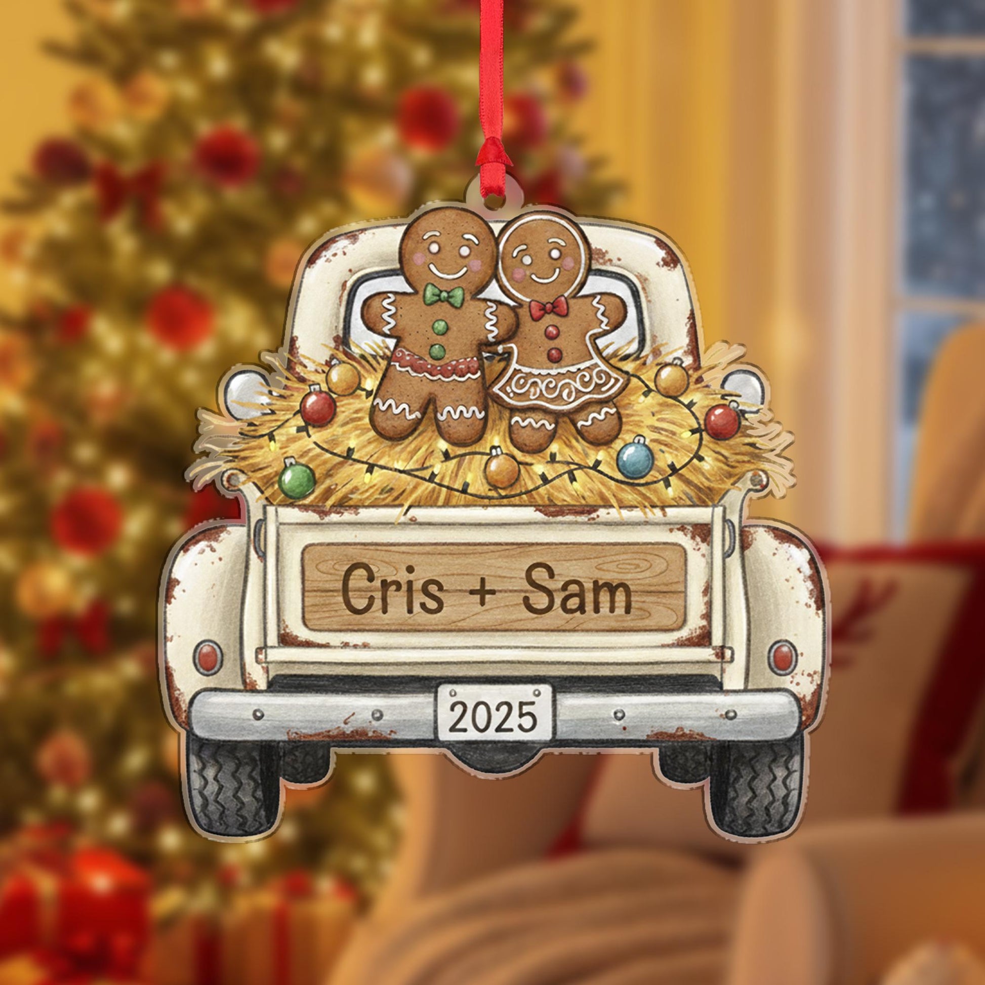 Personalized Gingerbread Truck Ornament, Custom Name Christmas Tree Decoration with Couple and Year