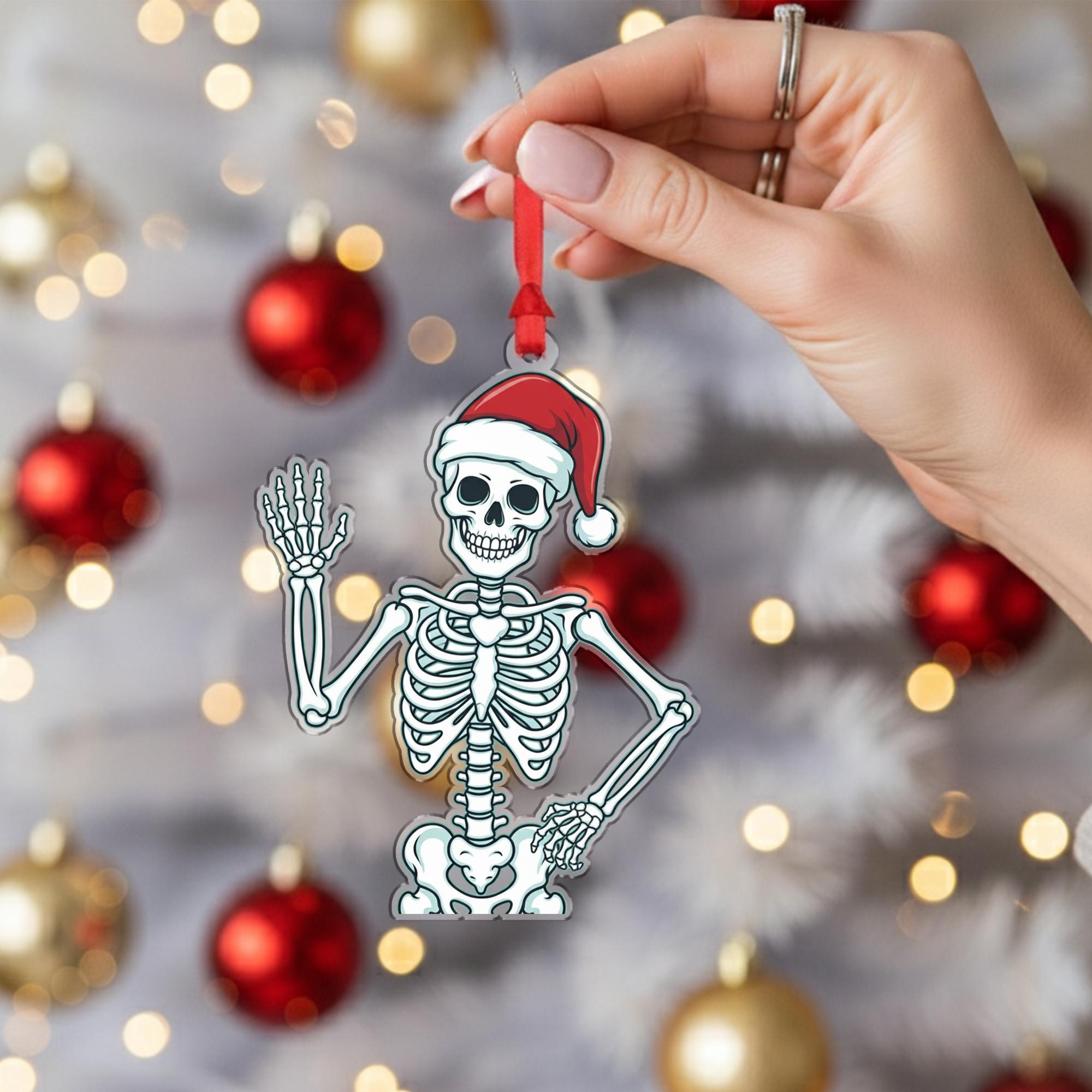 Skeleton Ornament with Santa Hat, Christmas Tree Decoration with Funny Holiday Design