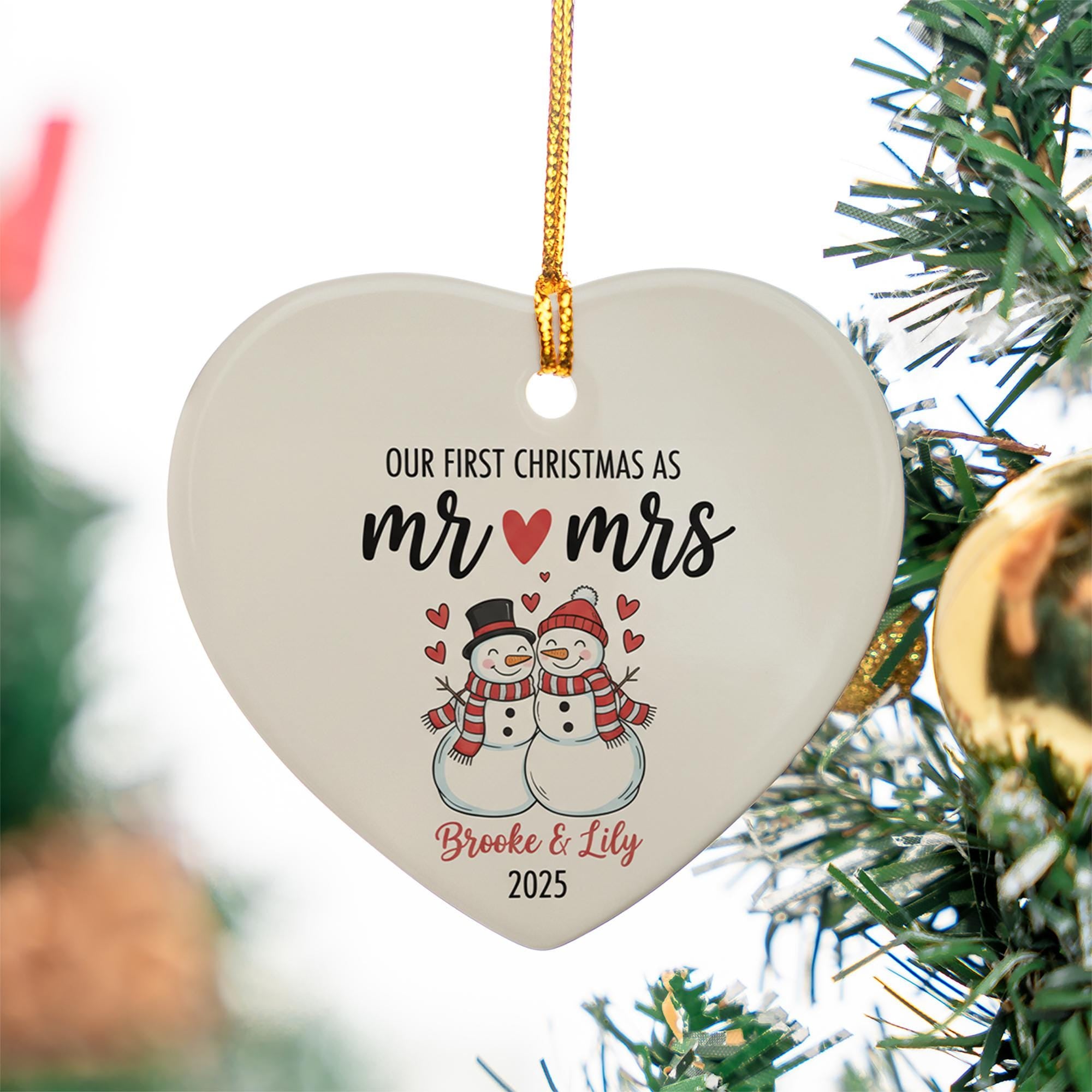 Personalized Mr & Mrs Christmas Ornament: Snowman Couple Ceramic Heart