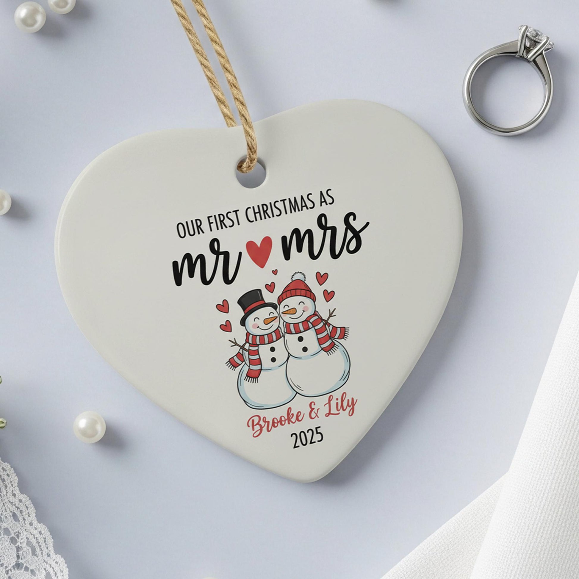 Personalized Mr & Mrs Christmas Ornament: Snowman Couple Ceramic Heart