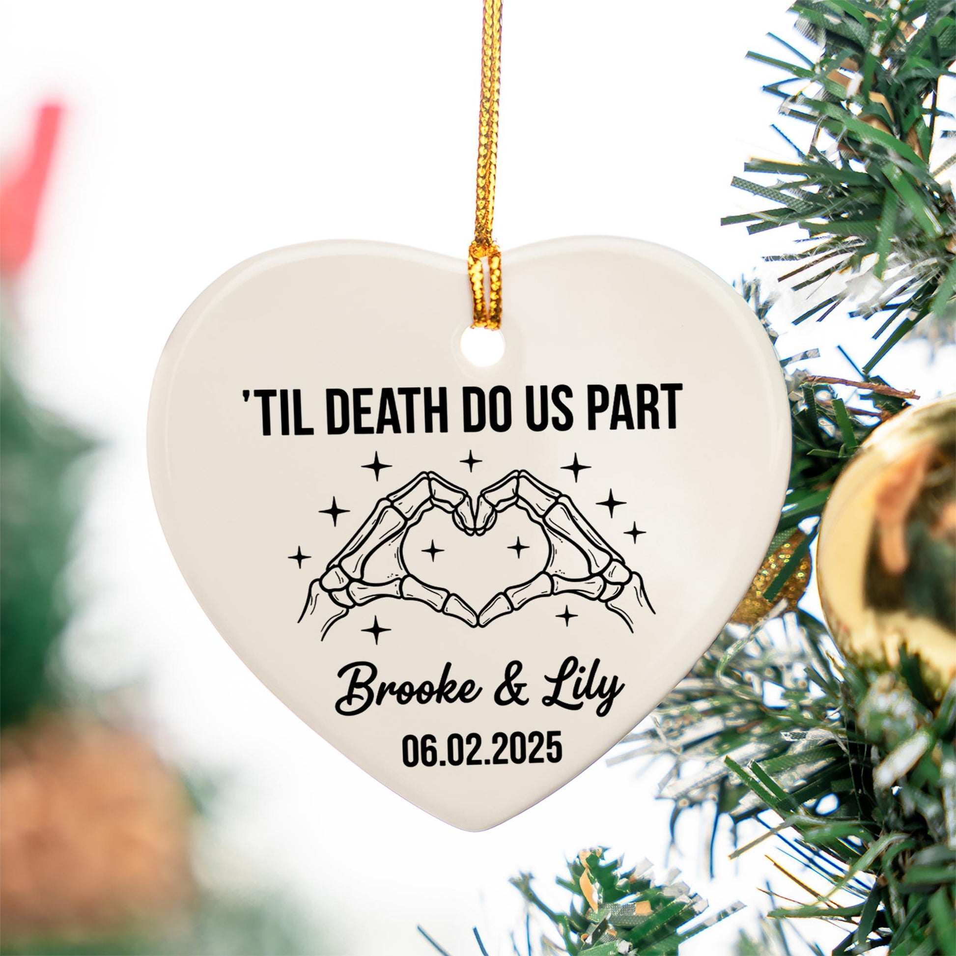 Personalized Ceramic Heart Ornament, Skeleton Hands Til Death Do Us Part Design with Names and Date
