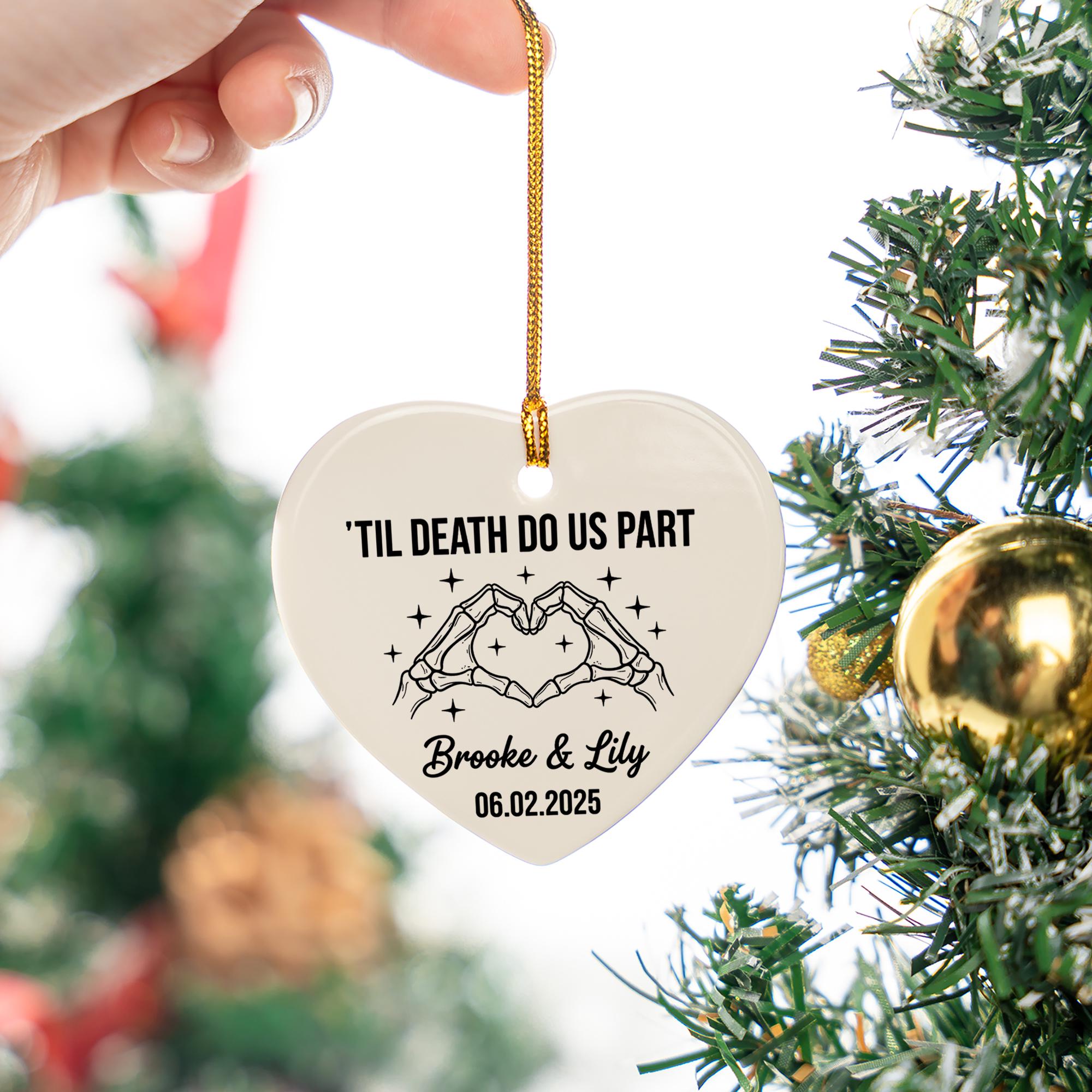 Personalized Ceramic Heart Ornament, Skeleton Hands Til Death Do Us Part Design with Names and Date
