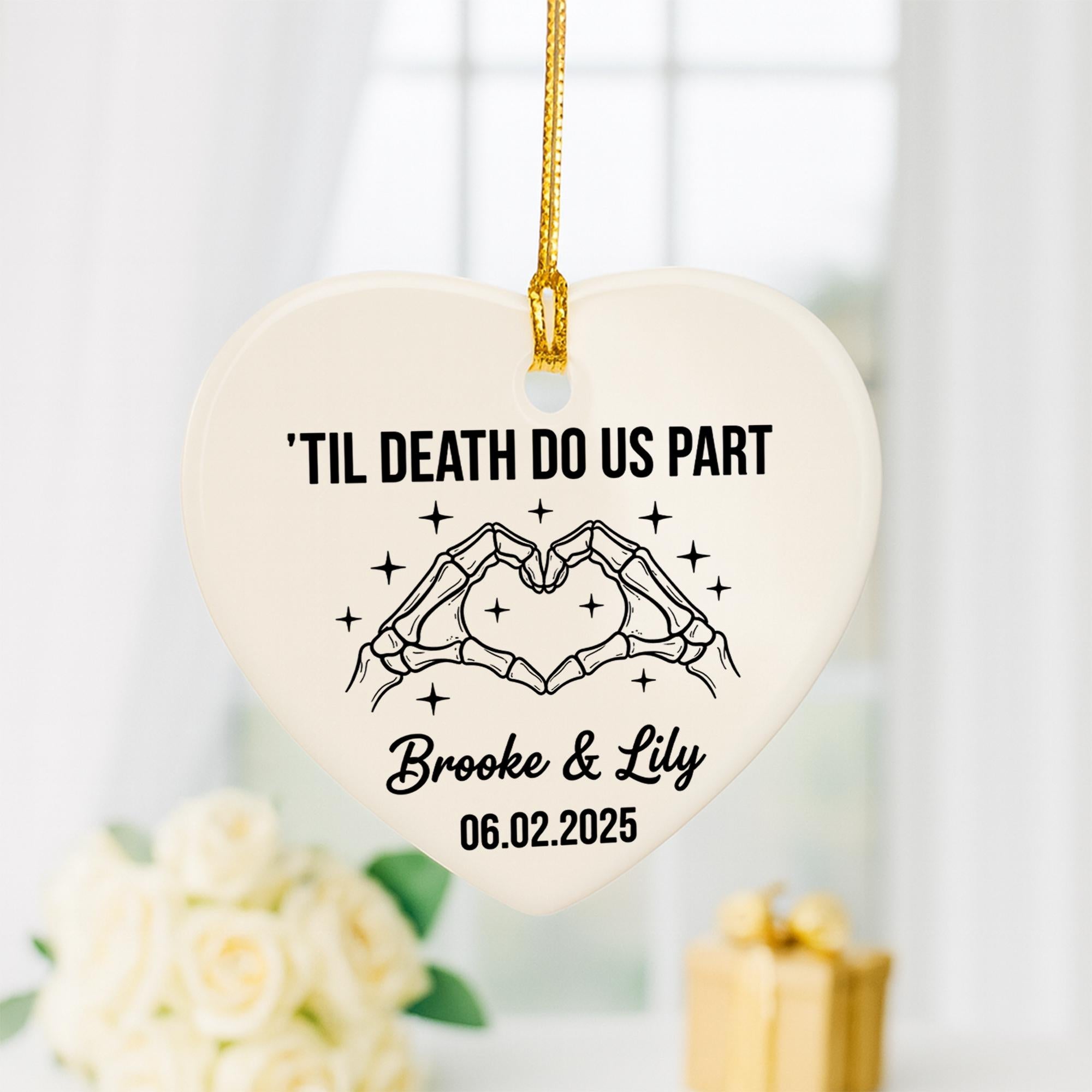 Personalized Ceramic Heart Ornament, Skeleton Hands Til Death Do Us Part Design with Names and Date