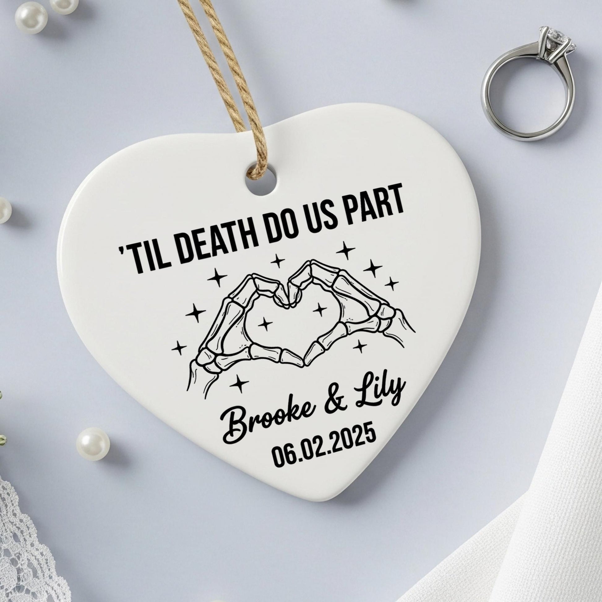 Personalized Ceramic Heart Ornament, Skeleton Hands Til Death Do Us Part Design with Names and Date