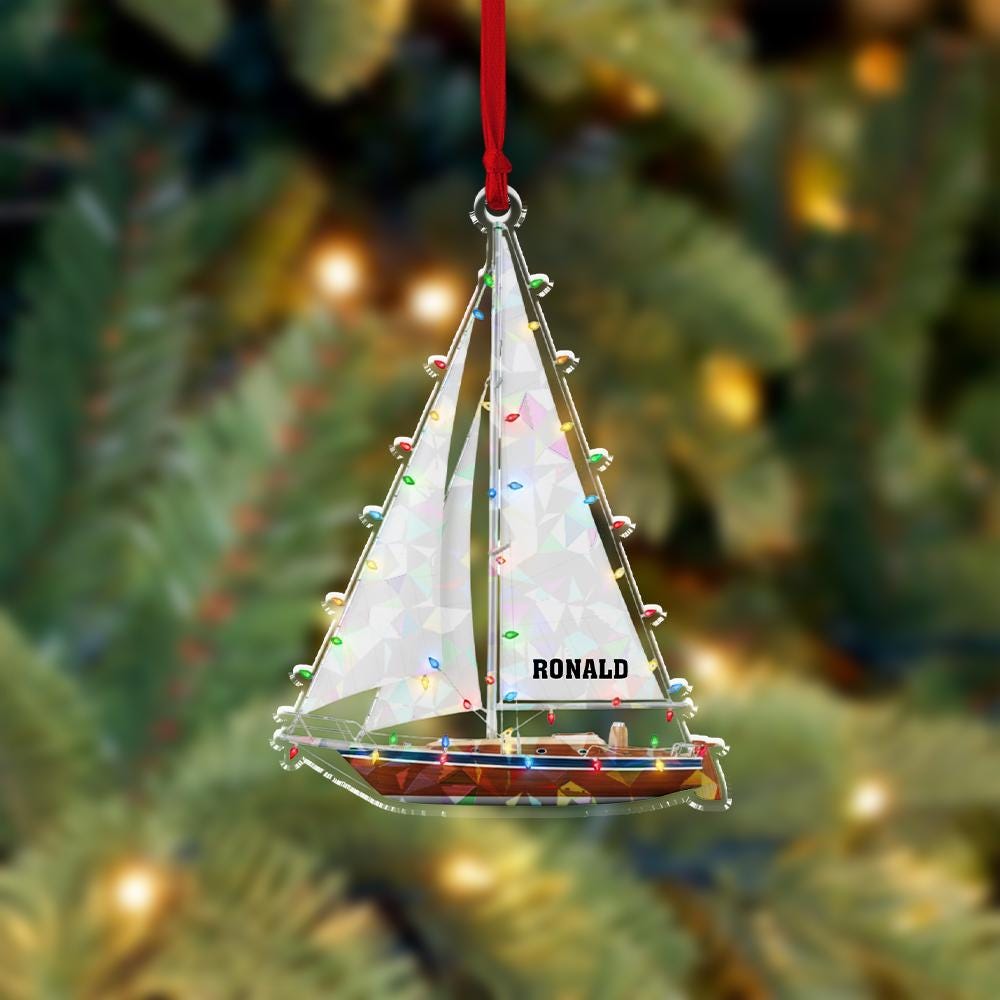 Personalized Acrylic Sailboat Hologram Ornament – Custom Name & Year – Nautical Tree Decoration