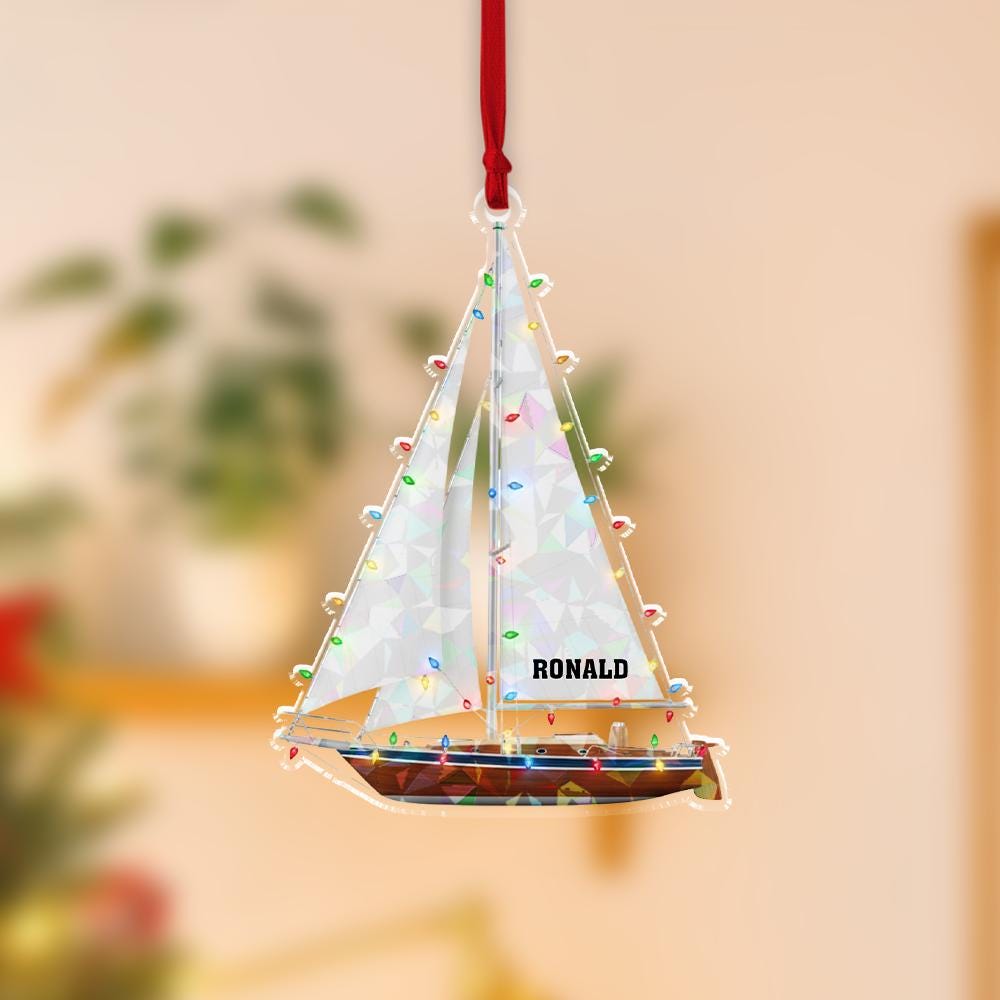 Personalized Acrylic Sailboat Hologram Ornament – Custom Name & Year – Nautical Tree Decoration