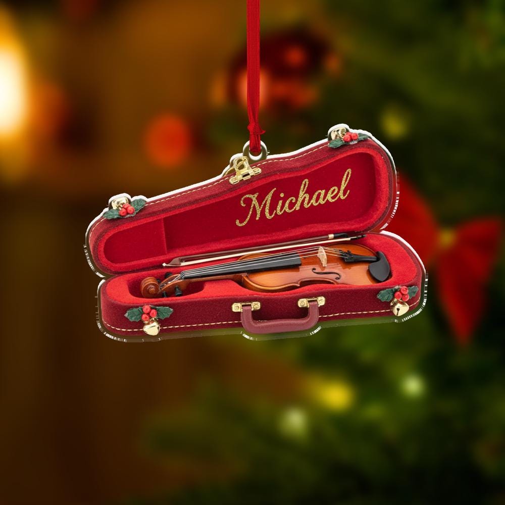 Custom Violin Ornament in Red Case, Personalized Music Decoration, Christmas Ornament for Musicians