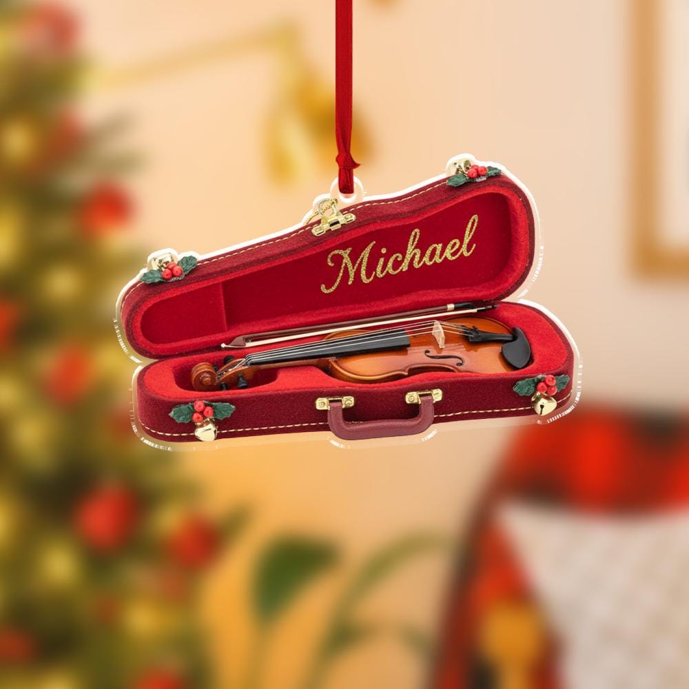 Custom Violin Ornament in Red Case, Personalized Music Decoration, Christmas Ornament for Musicians