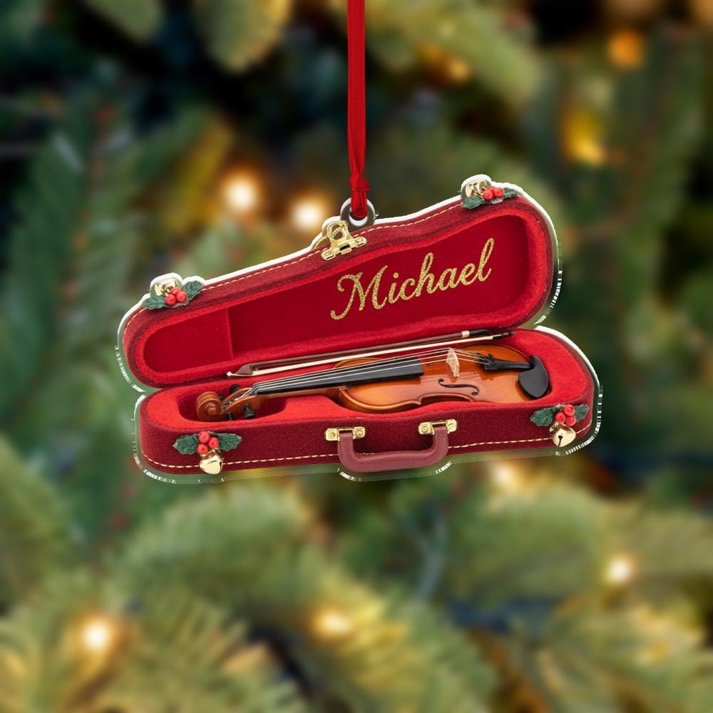 Custom Violin Ornament in Red Case, Personalized Music Decoration, Christmas Ornament for Musicians