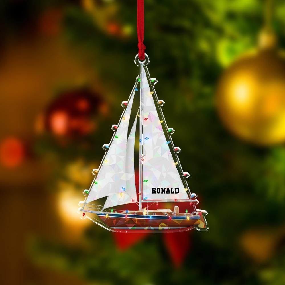 Personalized Acrylic Sailboat Hologram Ornament – Custom Name & Year – Nautical Tree Decoration