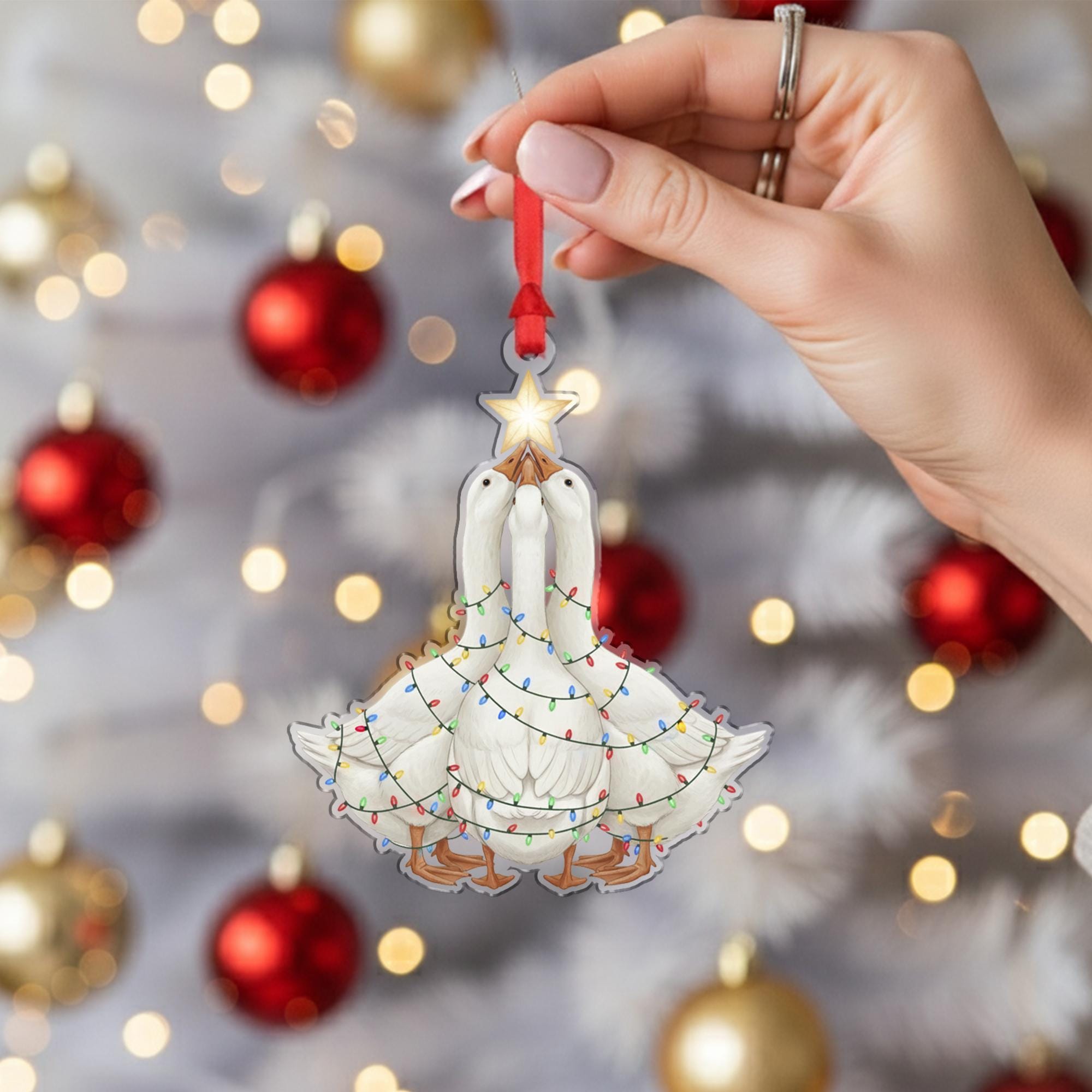 Goose Ornament with Christmas Lights, Farmhouse Holiday Tree Decoration with Star Topper