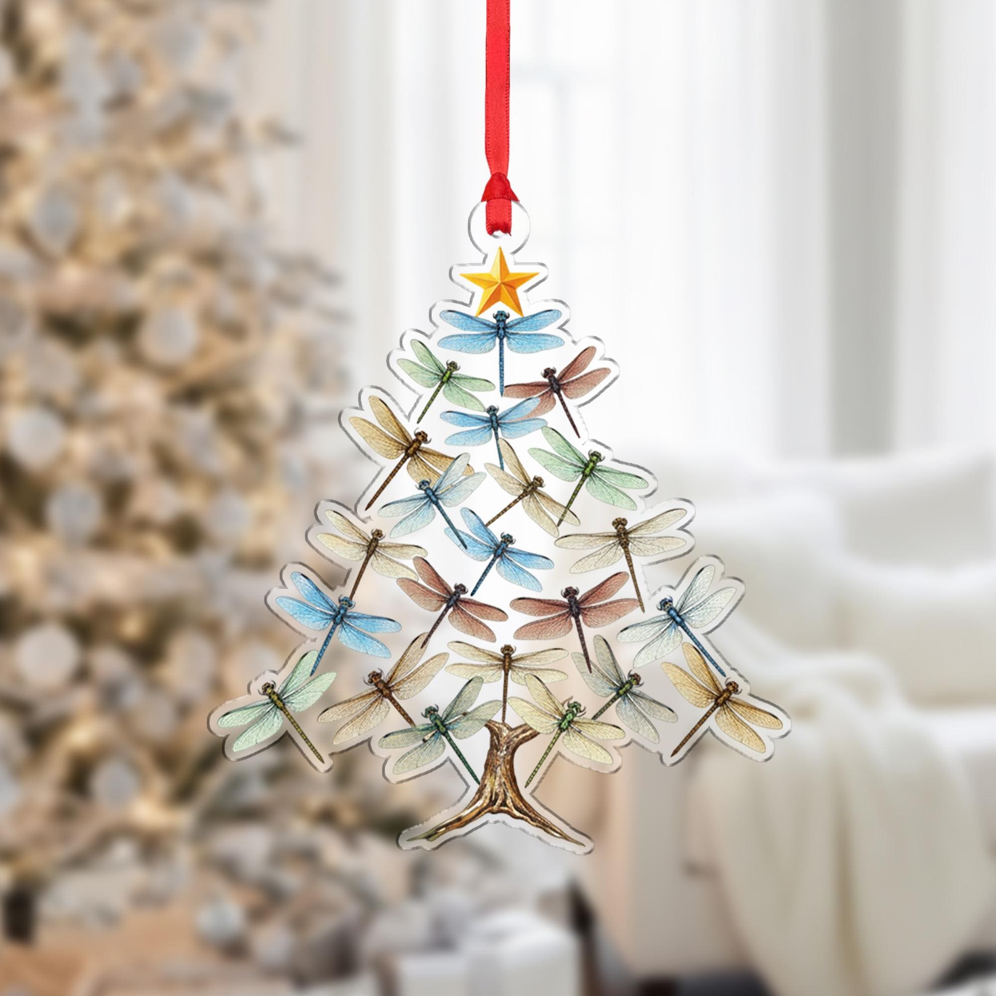 Dragonfly Christmas Tree Ornament, Holiday Decoration with Colorful Insects and Star Topper