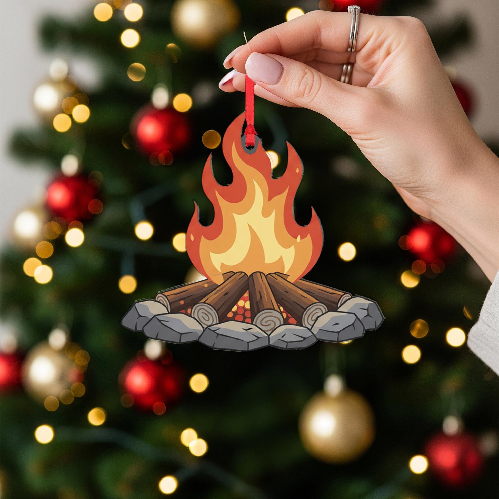 Campfire Ornament, Christmas Tree Decoration with Flames and Logs for Camping and Outdoor Theme