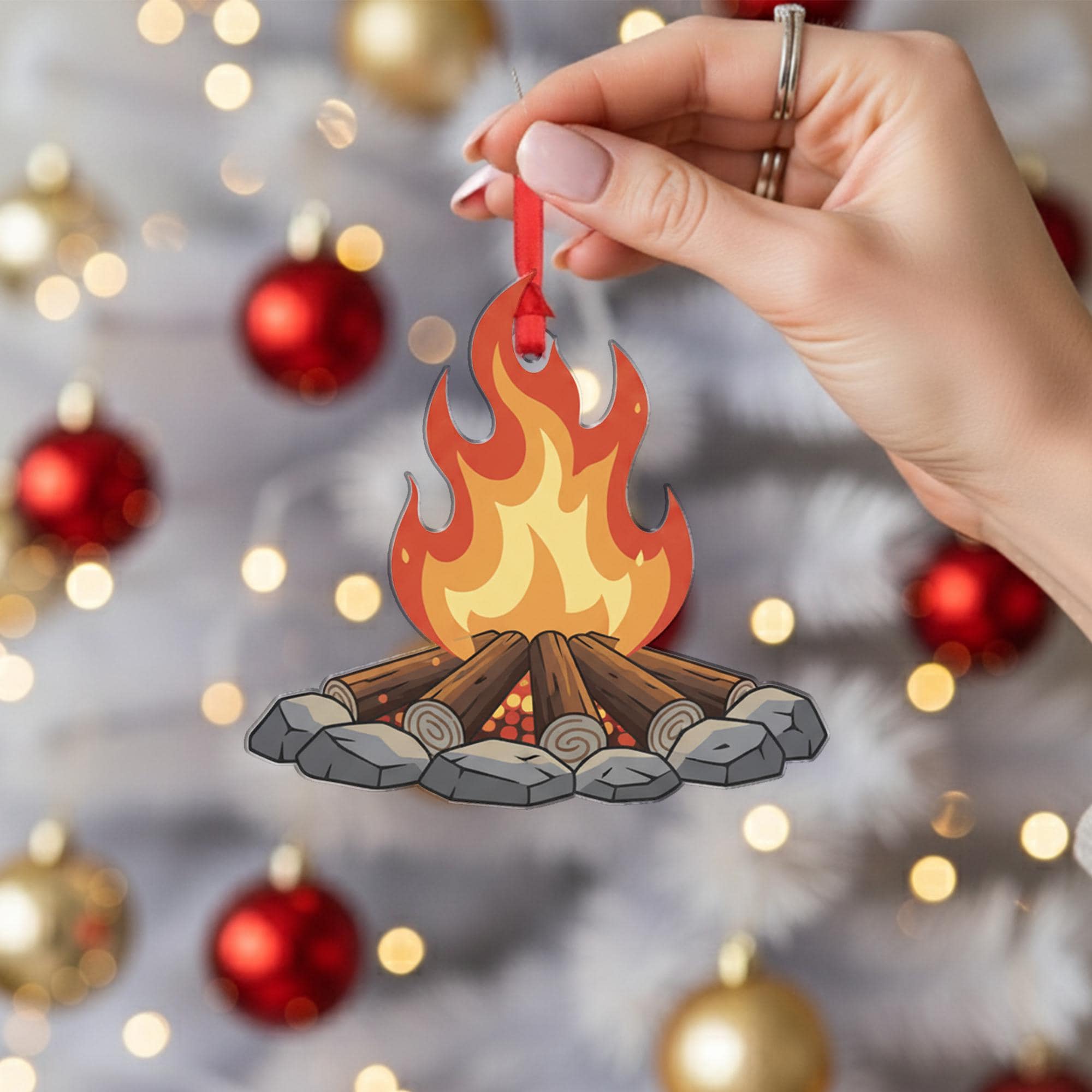 Campfire Ornament, Christmas Tree Decoration with Flames and Logs for Camping and Outdoor Theme