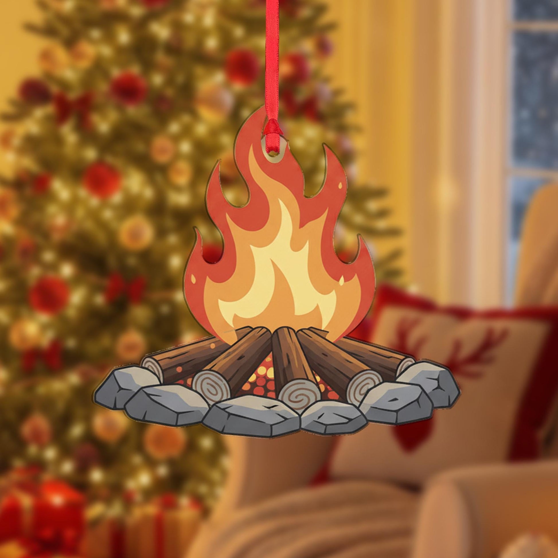 Campfire Ornament, Christmas Tree Decoration with Flames and Logs for Camping and Outdoor Theme
