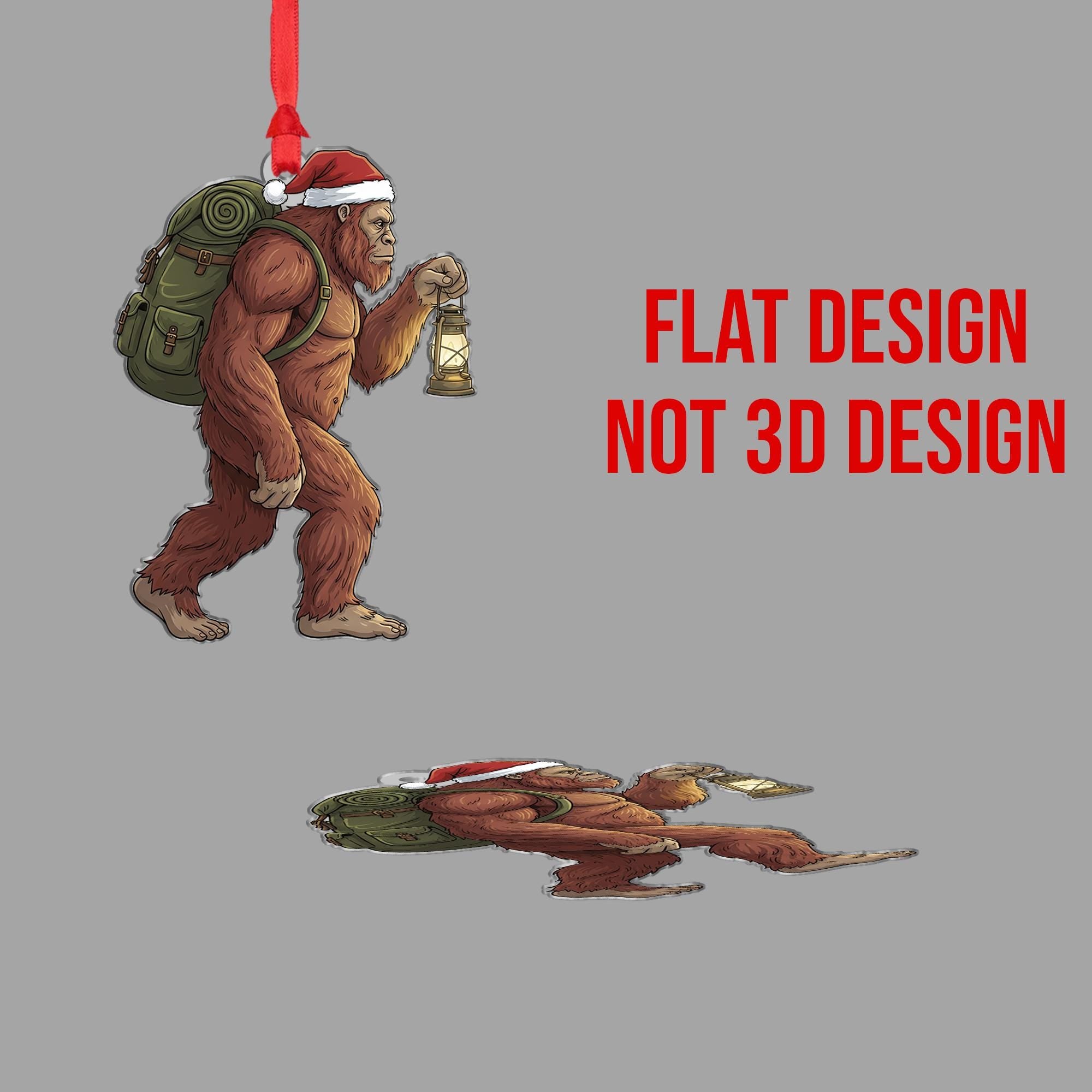Sasquatch Ornament with Santa Hat, Christmas Tree Decoration with Backpack and Lantern
